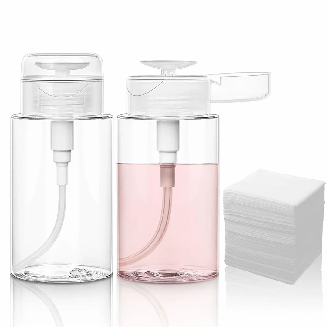 Botellas Dosificadoras 2x200ml +100pcs Almohadillas para Limpiar Uñas, Dispensador con Bomba para Líquidos Cosméticos
