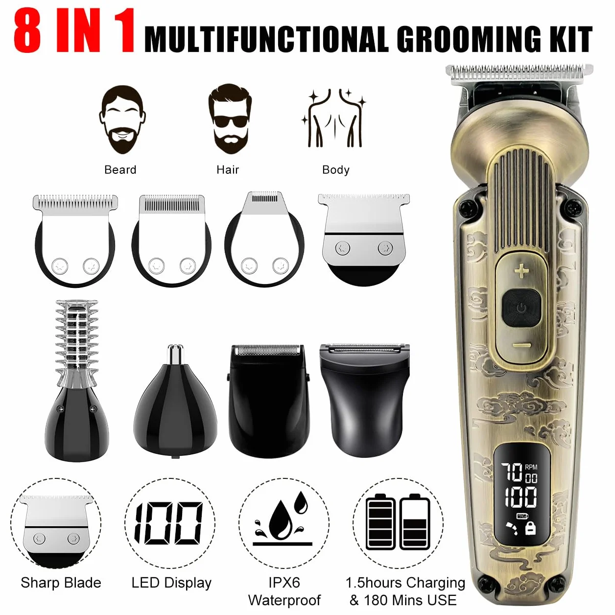 Hatteker Recortadora de barba Profesional 8 en 1 Cortapelos eléctrica para hombre