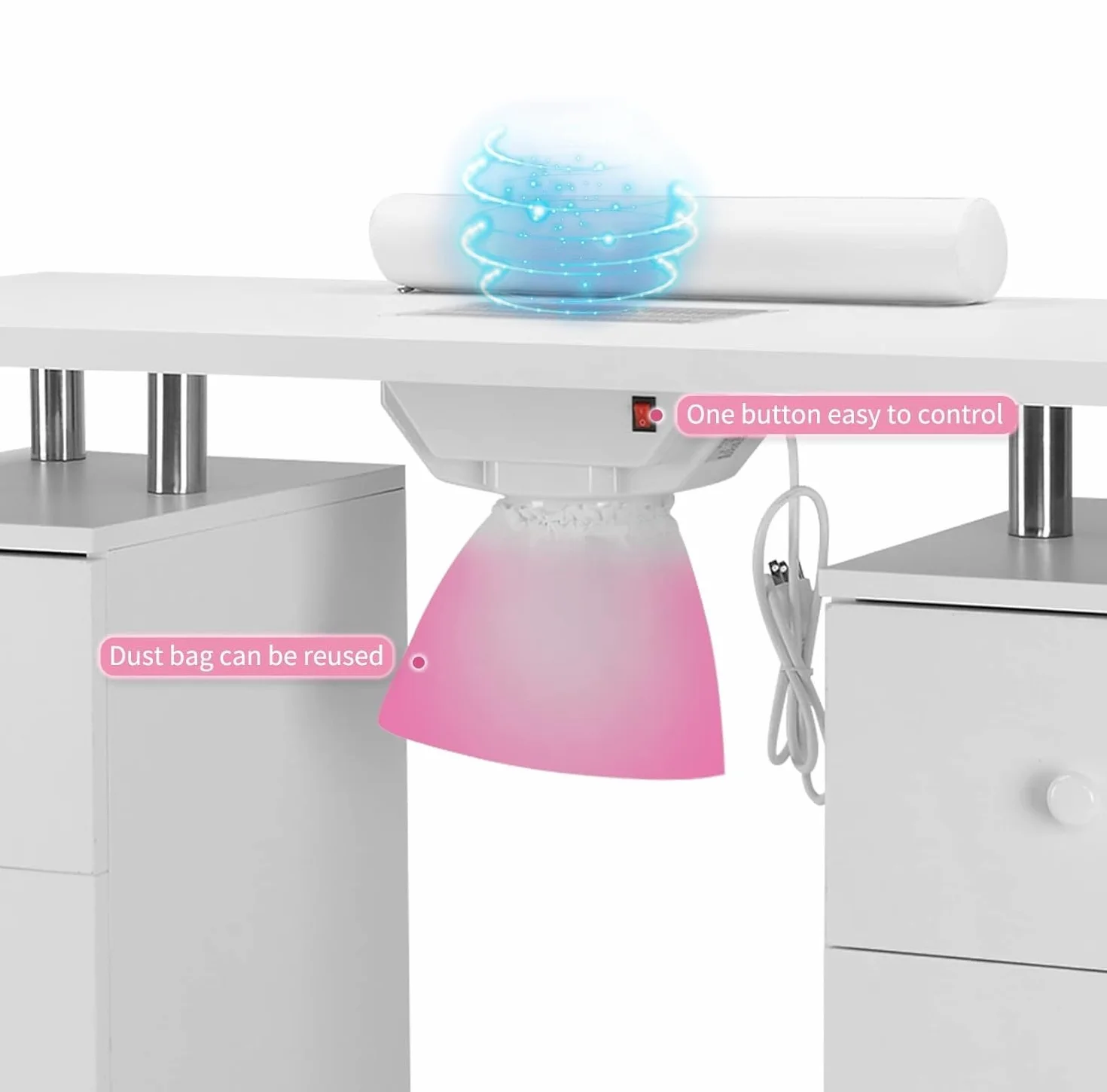 Mesa de Manicura para Uñas con Aspirador,8 Ruedas,3 Bolsas para Polvo, Reposamuñecas, 6 Cajones,Mesa Profesional para Artistas, tatuadores, Estudios y estética (Extra Grande Blanco)