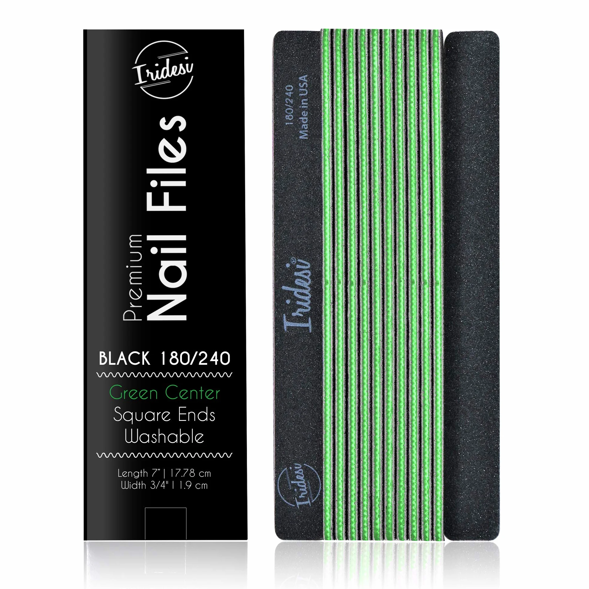 Iridesi Limas de uñas profesionales, color negro, lavables, de 7 pulgadas de largo, con extremo cuadrado, 12 limas de uñas por paquete
