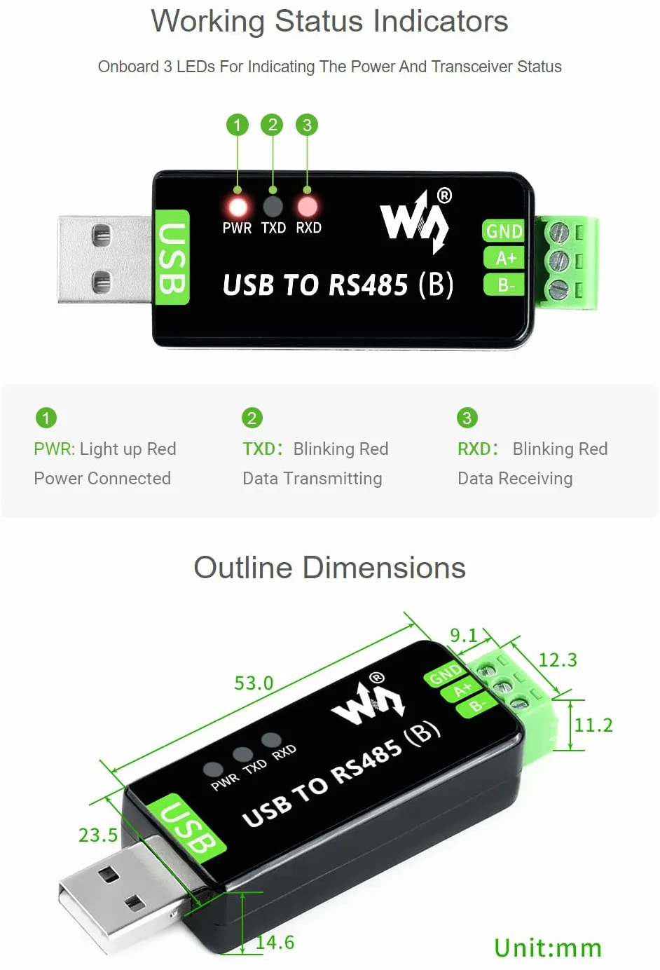 Waveshare Industrial USB to RS485 Bidirectional Converter CH343G SP485EEN ESD TVS Protection Mac Linux Android WinCE Win11/10/8.1/8/7/XP