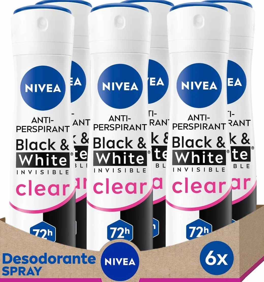 NIVEA Black & White Invisible Clear Desodorante Mujer Spray Antimanchas 72h Antitranspirante Sin Alcohol Pack 6 x 200 ml