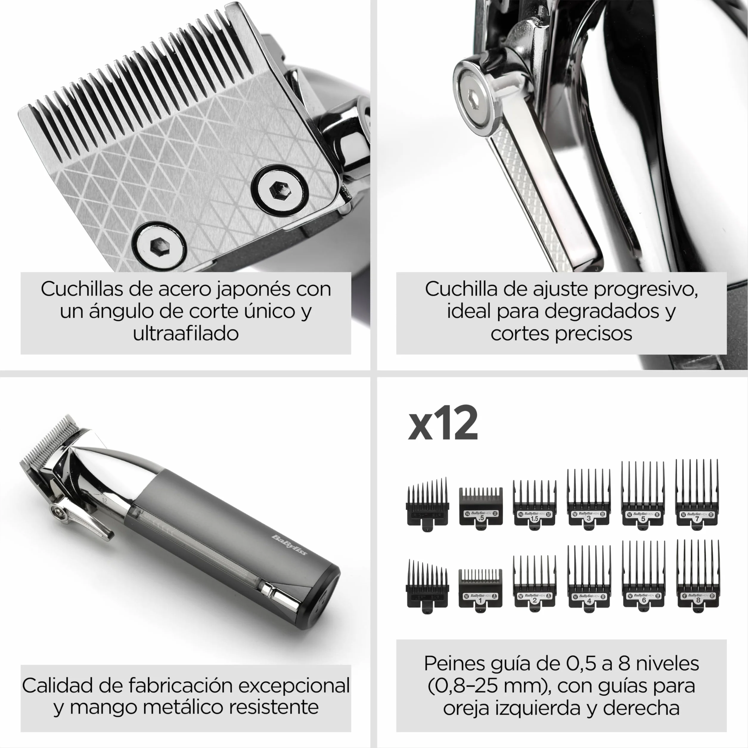 BaByliss Super-X Metal Cortapelos inalámbrico Cuchillas acero japonés 10 peines guía Batería litio Negro E996E