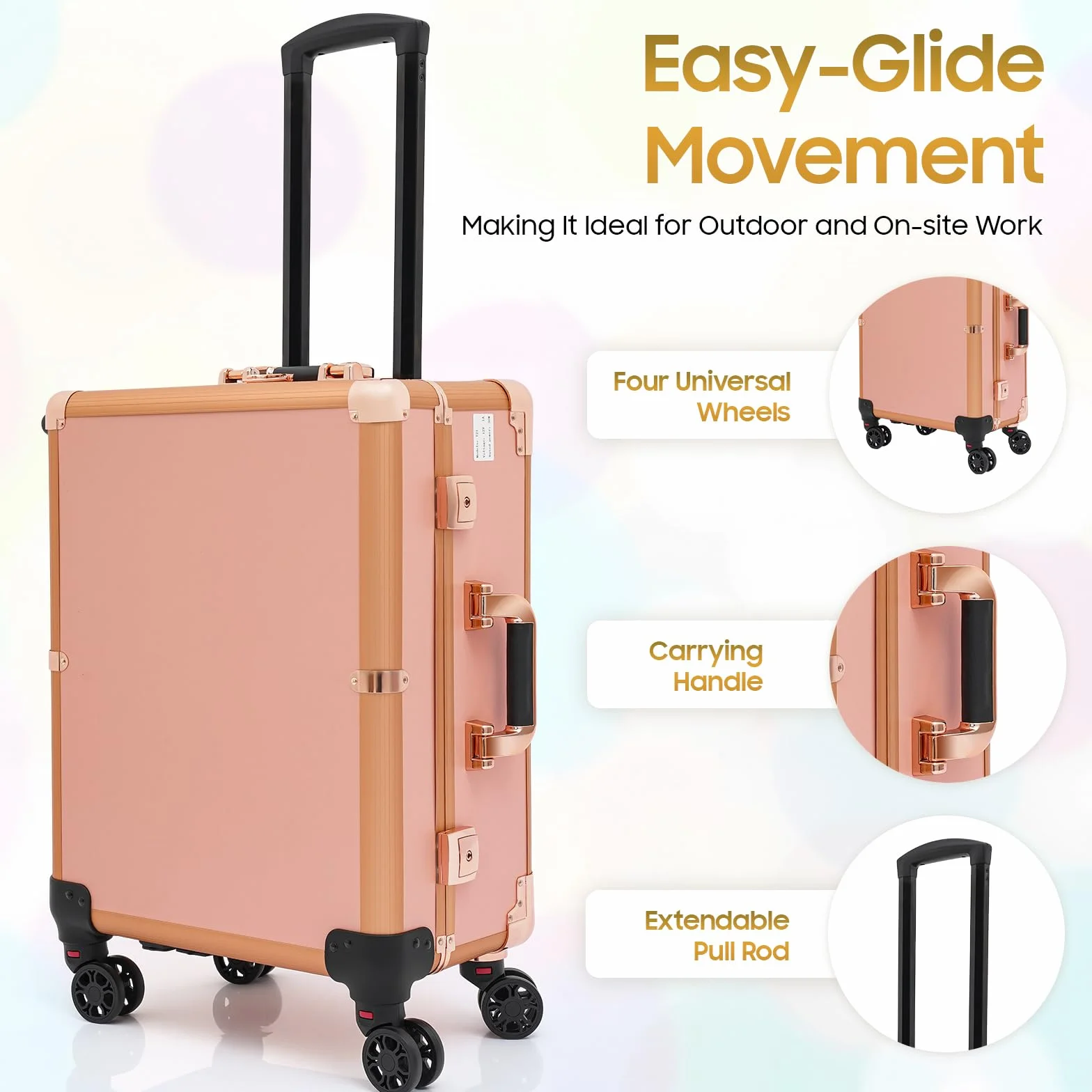 Maletín de Maquillaje Profesional con Luz LED y Espejo, Trolley de Maquillaje con Ruedas 360°, Patas Ajustables, Estación de Belleza Portátil para Maquilladores, Peluquería, Estética y Uñas