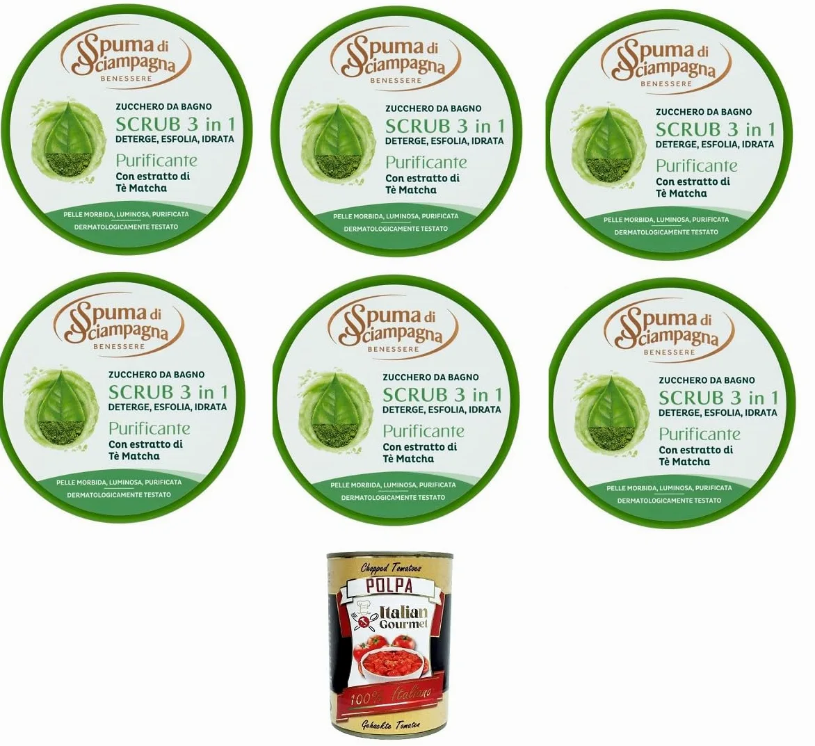SPUMA DI SCIAMPAGNA Scrub per il corpo Purificante - Exfoliante corporal purificador, 6 x 250 ml + Polpa italiana Gourmet 400 g