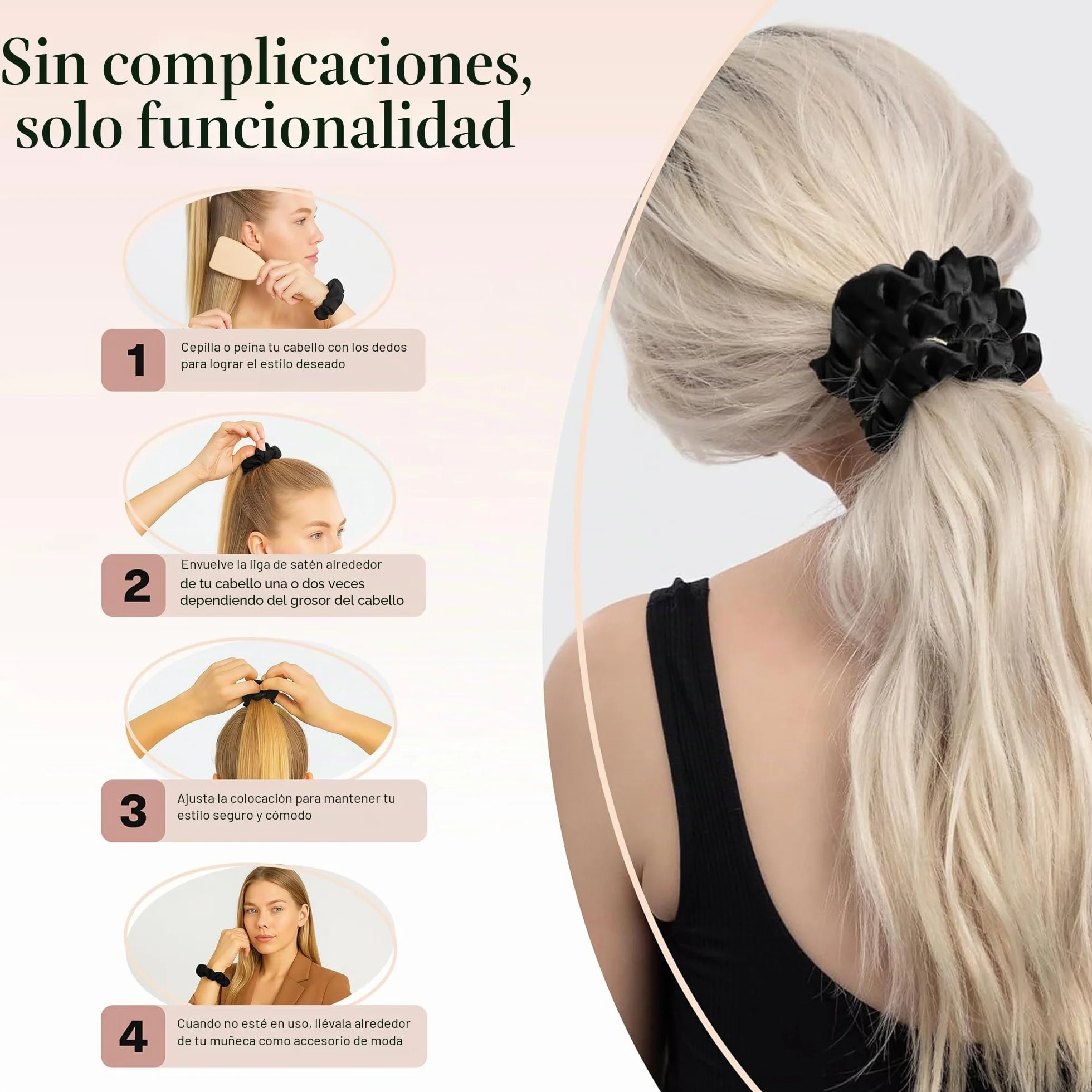 Kitsch 5 gomas de pelo de satén, antiencrespamiento y rotura, agarre suave, negras