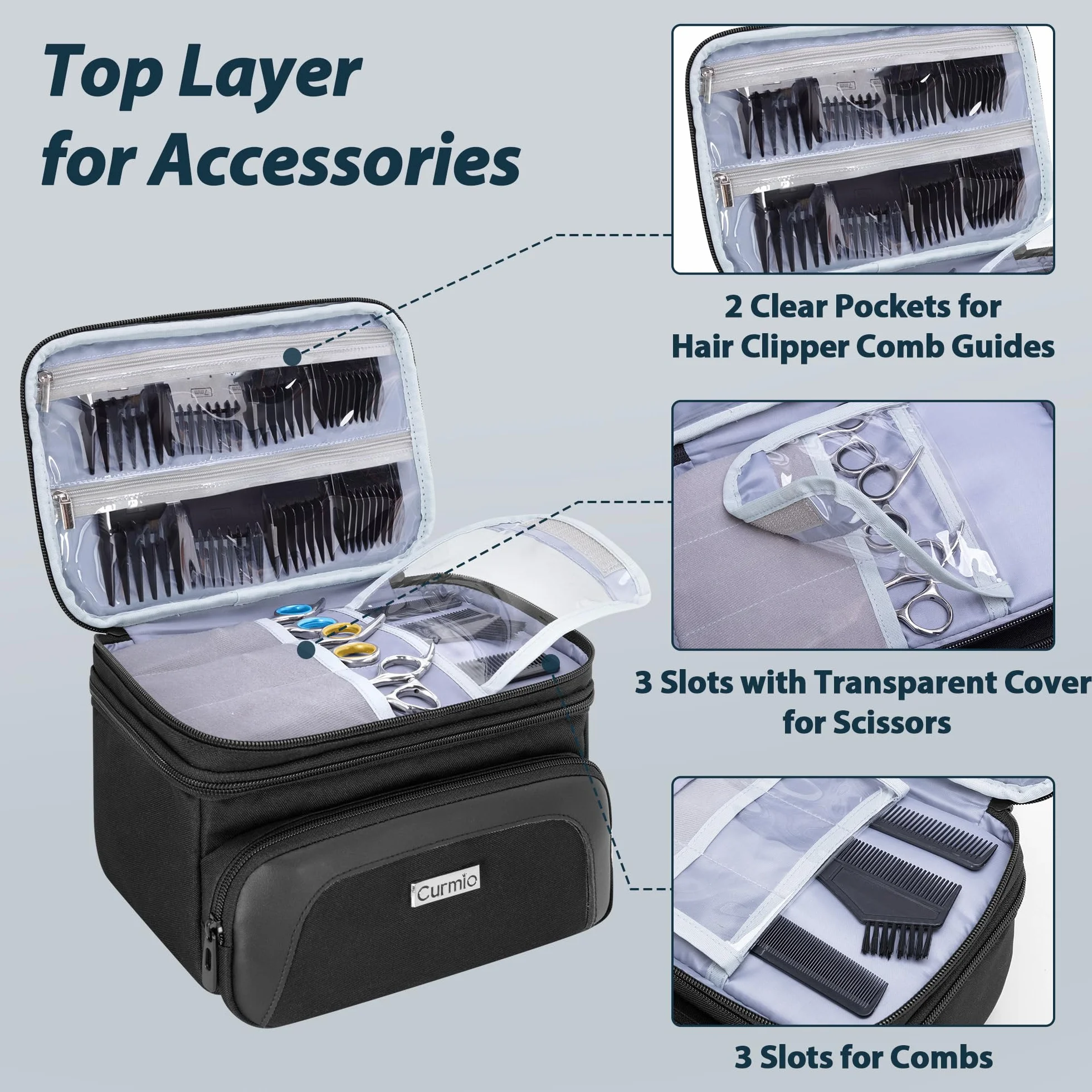 CURMIO Maletín Profesional 2 Niveles para Cortapelos, Organizador Portátil Compatible con Hatteker/Wahl/Oster/Andis Máquinas y Accesorios Barbería, Solo Bolsa, Negro