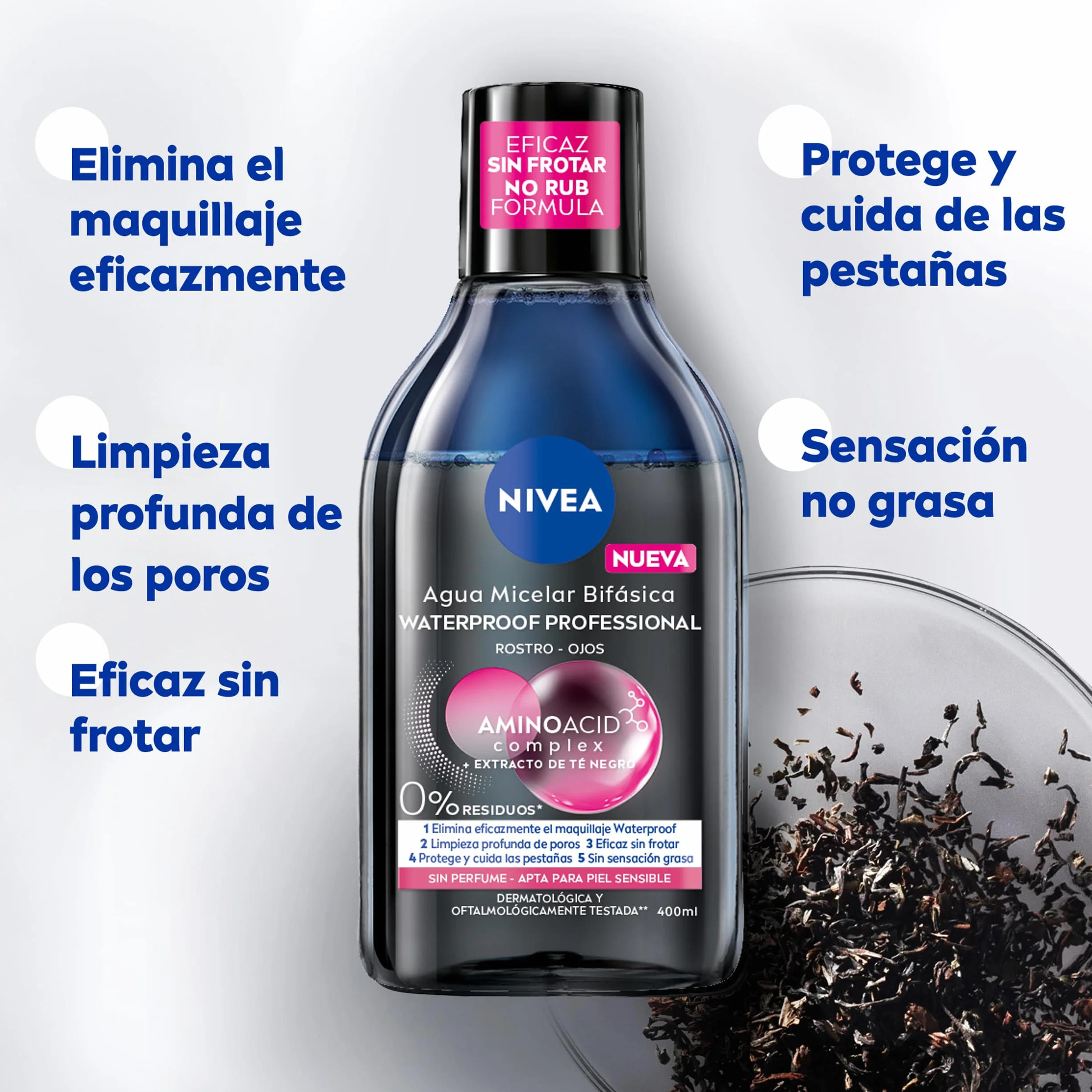 NIVEA Agua micelar Bifásica Waterproof 6 x 400 ml pack, desmaquillante facial con extracto de té negro