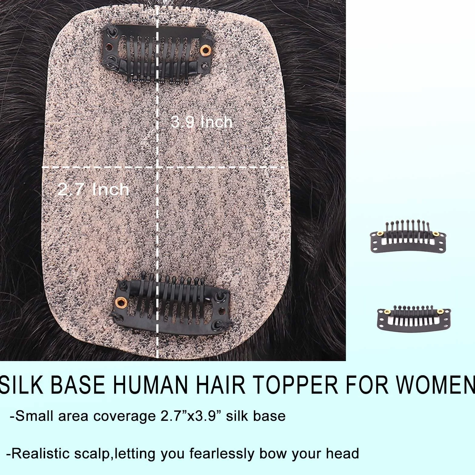 Topper de cabello humano, 25 cm, base de seda, ondulado, para mujeres con cabello que se adelgaza, extensión de cabello con clip con cuero cabelludo realista, 7 x 10 cm, cobertura pequeña de