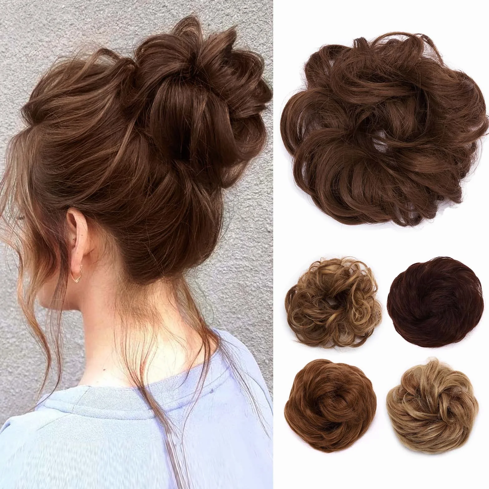 Moño Postizo de Pelo Natural Marrón Claro Rizado Desordenado 30 g para Mujeres