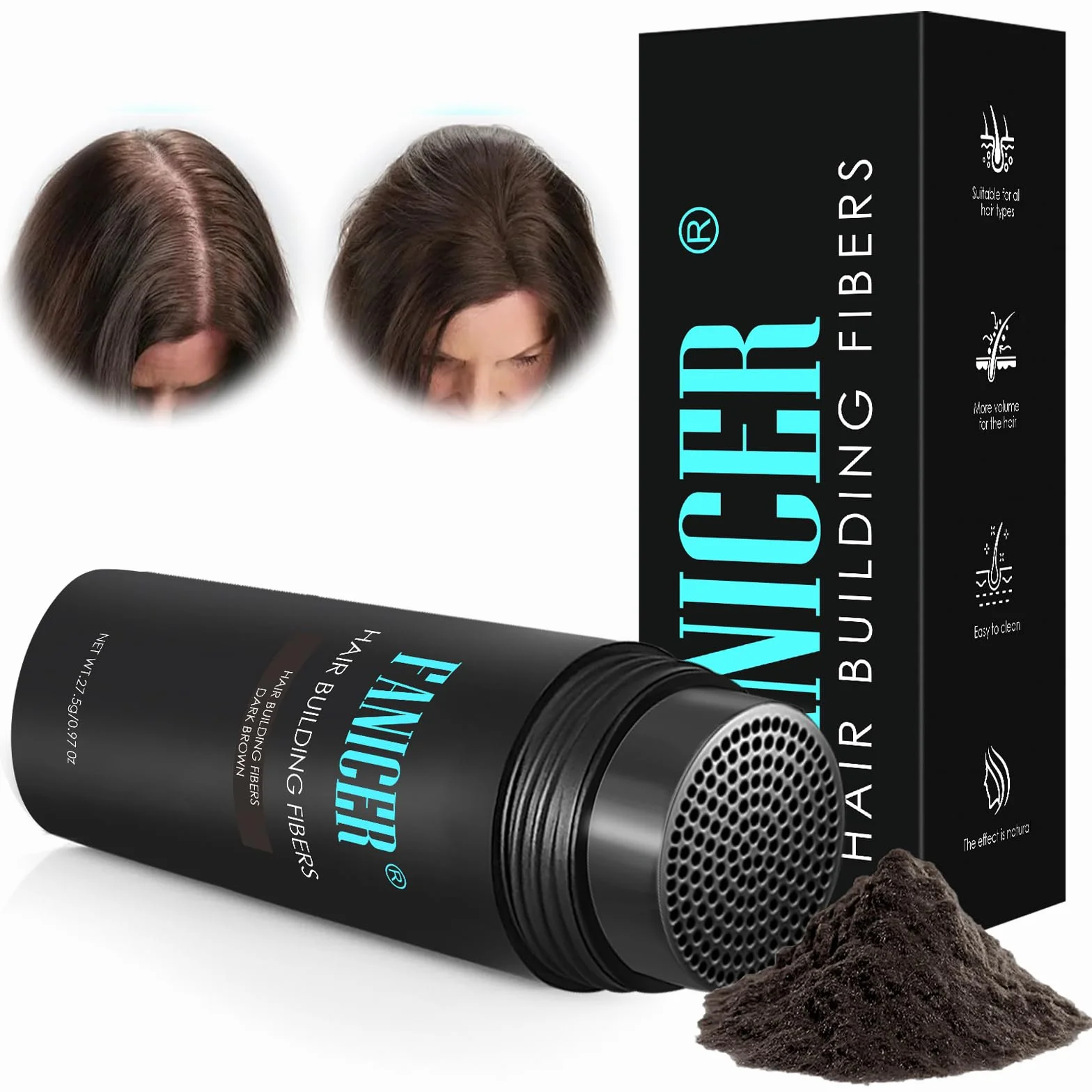 Fibras Capilares 27.5G para Cabello, Microfibras en Polvo para Disimular Calvicie y Aumentar el Volumen, Castaño Oscuro