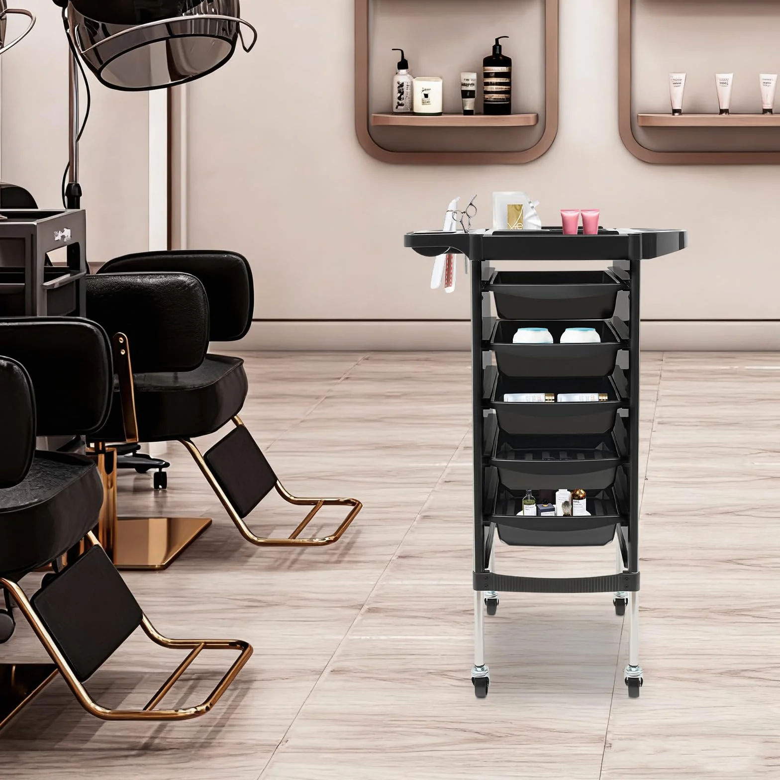 Carrito de peluquería 6 pisos 5 cajones acero inoxidable negro 36x85.5 cm