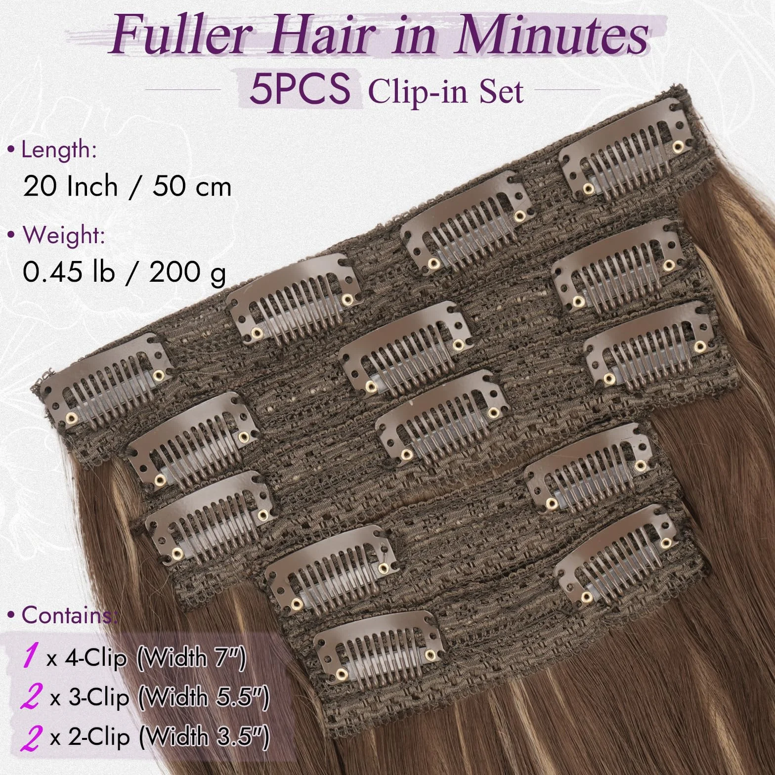 BARSDAR Clip en Extensiones de Cabello 50cm Ondulado 5 Piezas Marrón con Rubio Miel