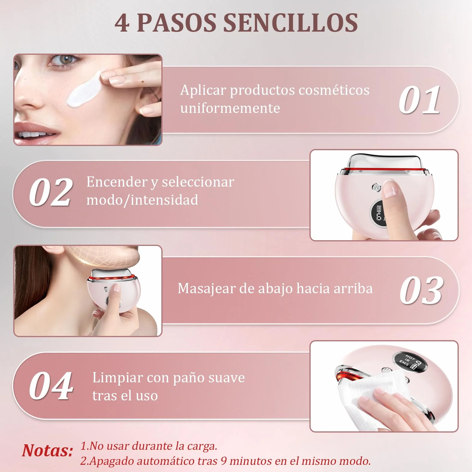 Masajeador Facial Antiarrugas Electrico 4 Modos 3 LED 45℃ EMS Lifting 9 Niveles Vibración Reductor de Papada
