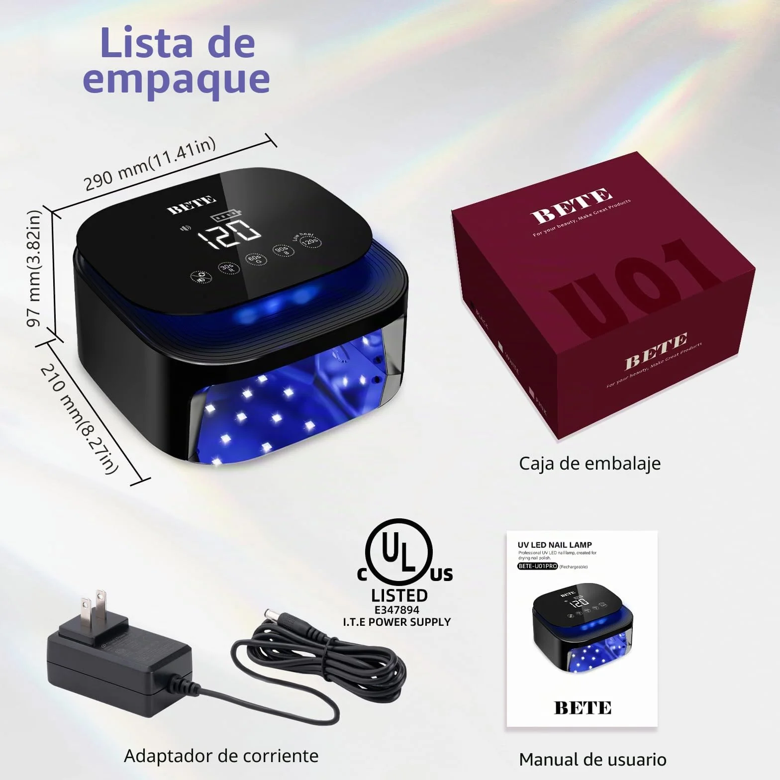 ‌Lámparas UV LED inalámbricas BETE 60W - Secador de esmalte gel recargable con sensor automático, 30 perlas y 4 ajustes de temporizador portátil para uso doméstico/salón Negro