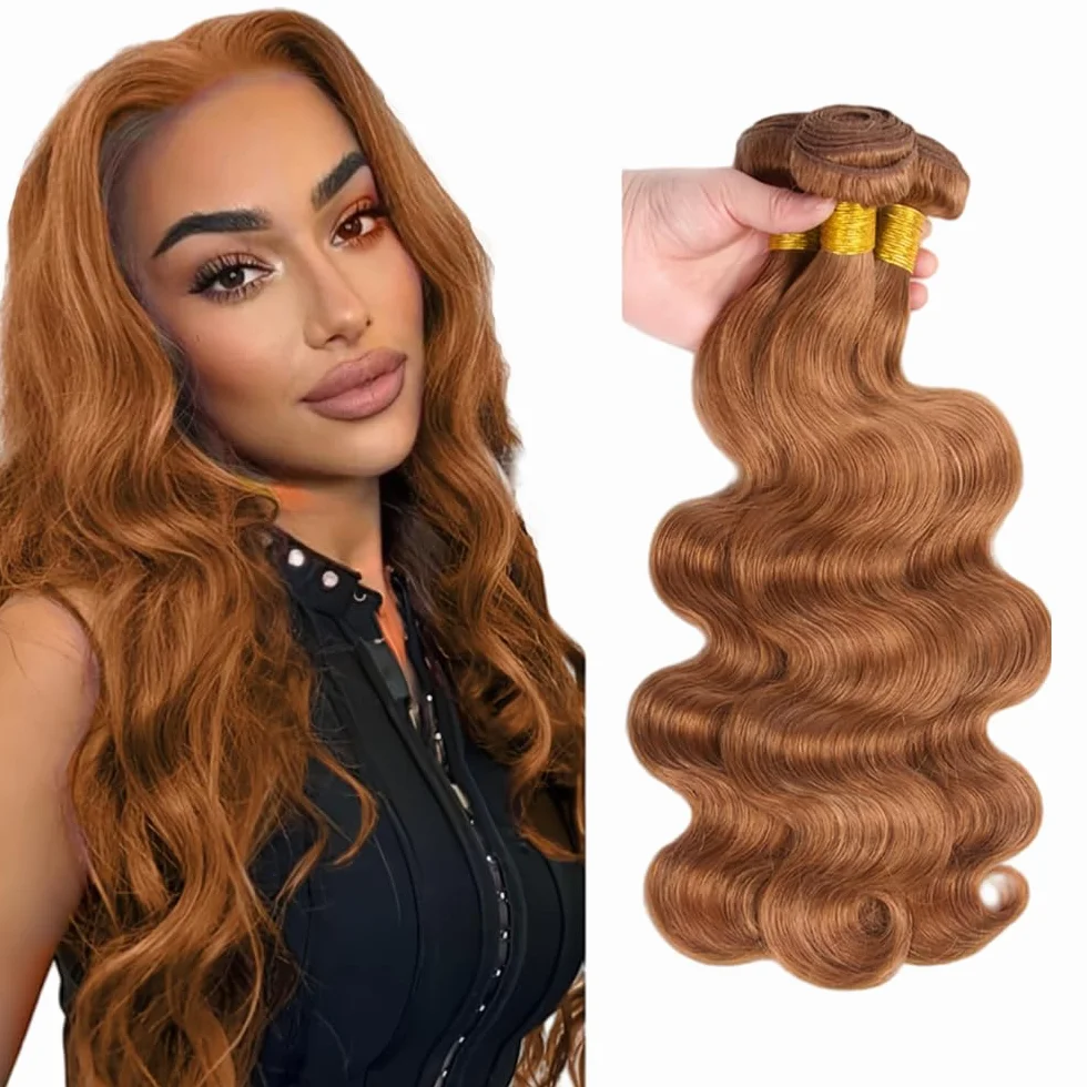 Extensiones de cabello humano de 28 a 30 a 32 pulgadas, cabello humano brasileño, sin procesar, tejido virgen brasileño, #30 marrón claro, 3 paquetes, total 150 g para mujeres