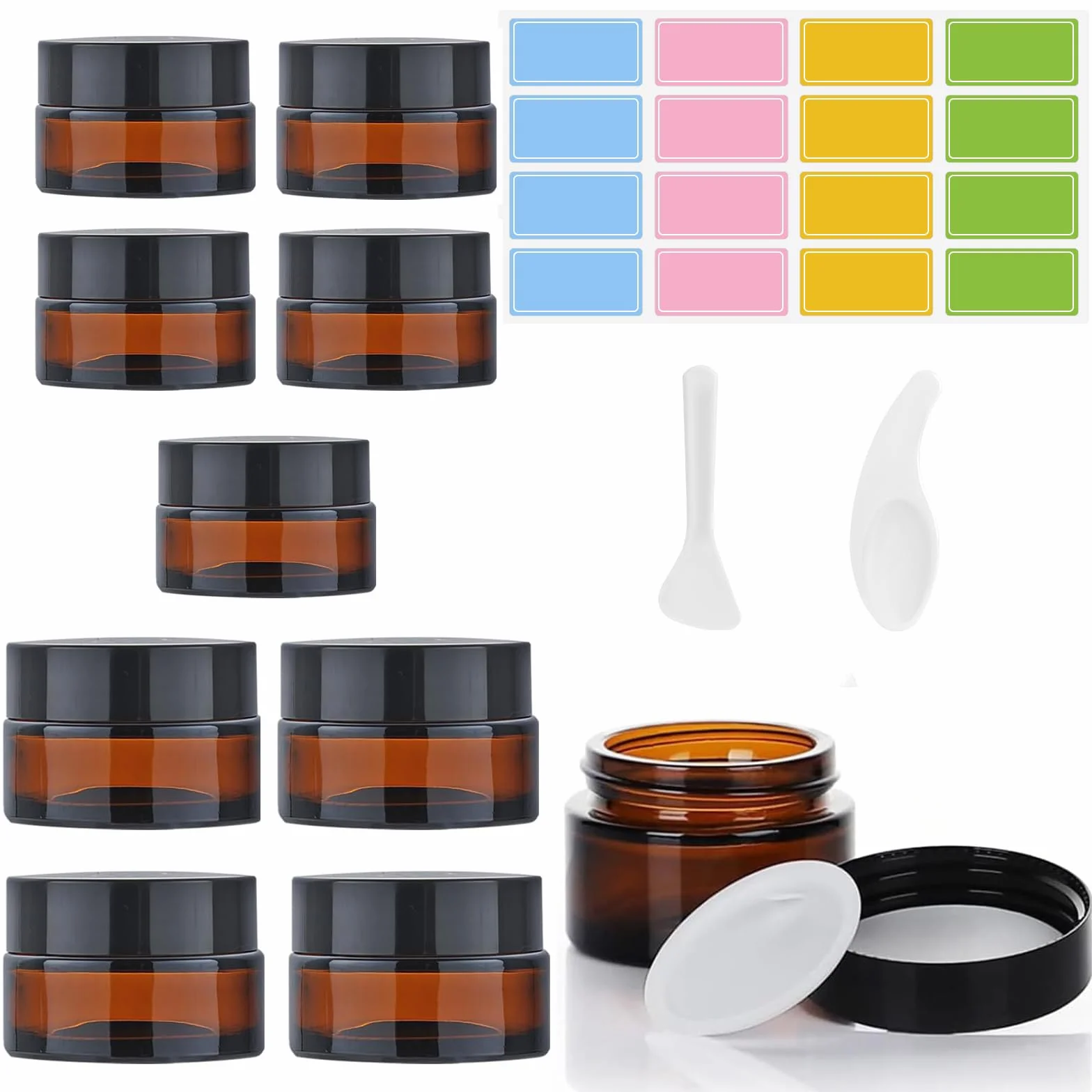 Tarros de Cristal Ámbar 10 Piezas 20 ml 30 ml con Pegatina y Cuchara para Cosméticos