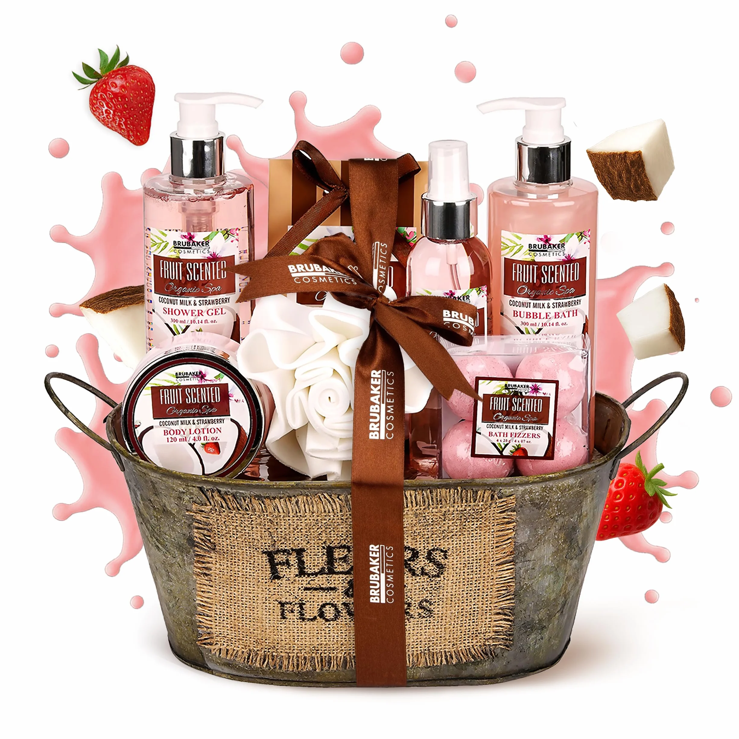 BRUBAKER Cosmetics Kit Baños Fresa-Coco 11 piezas Bañera Vintage Set Regalo Mujer Spa Baño Ducha