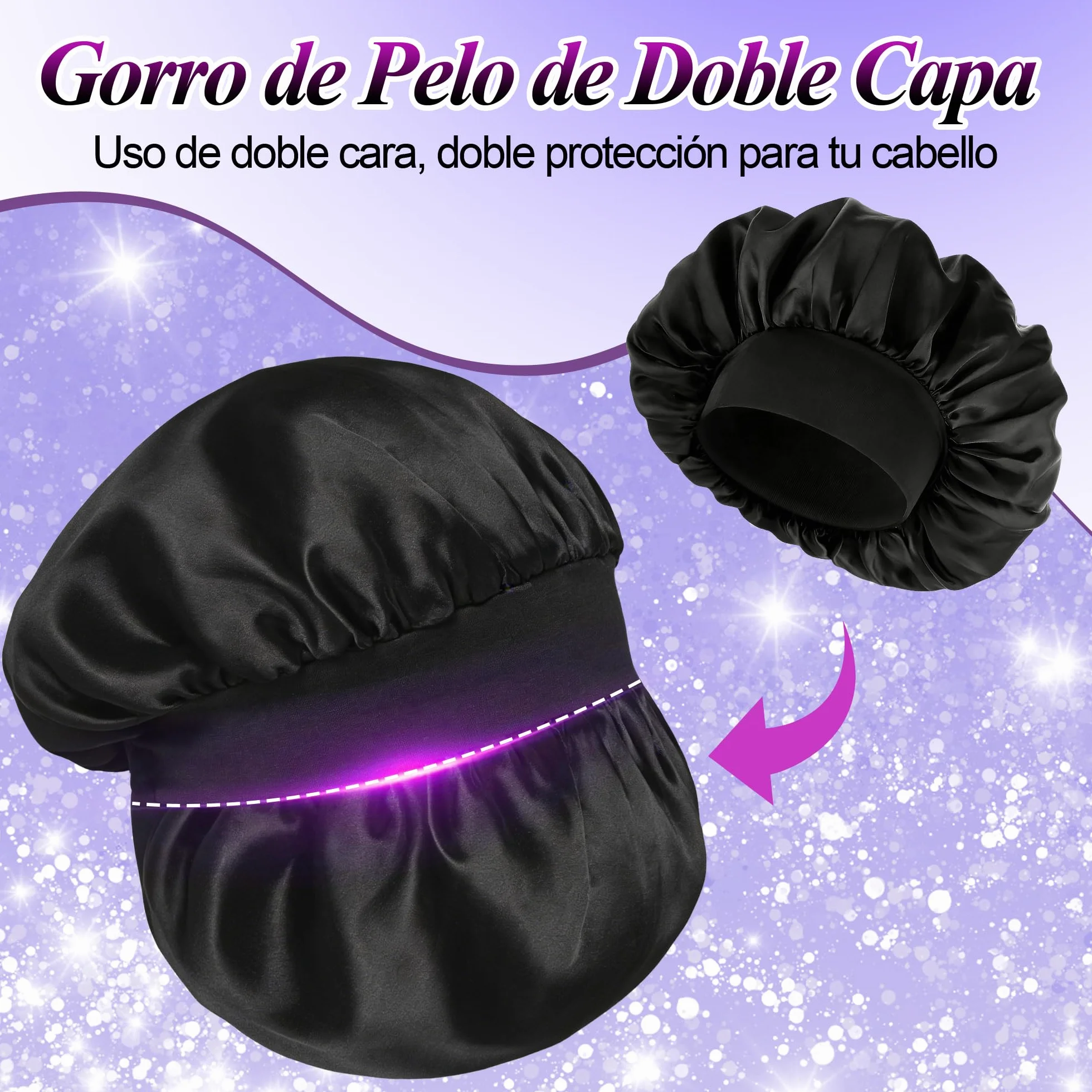 Gorro de Seda para Dormir 2 Piezas Gorros de Satén para el Cabello Antifrizz Negro Plateado