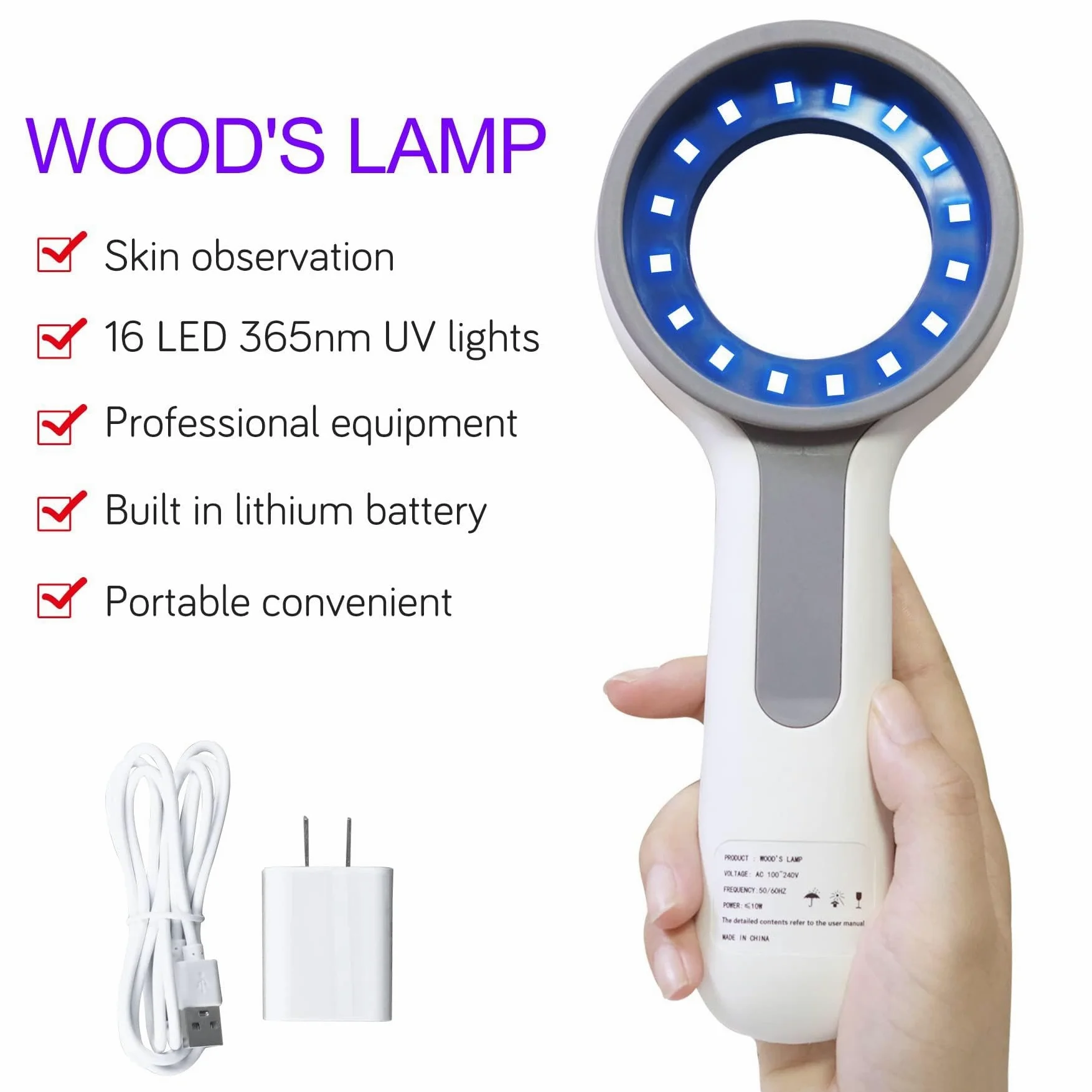 Analizador De Piel Con LáMpara Woods, Analizador De Aumento Profesional, Detector De Piel Recargable Para El Cuidado Del Hogar, 16 Fuentes De Luz Led, Sin Necesidad De Precalentar