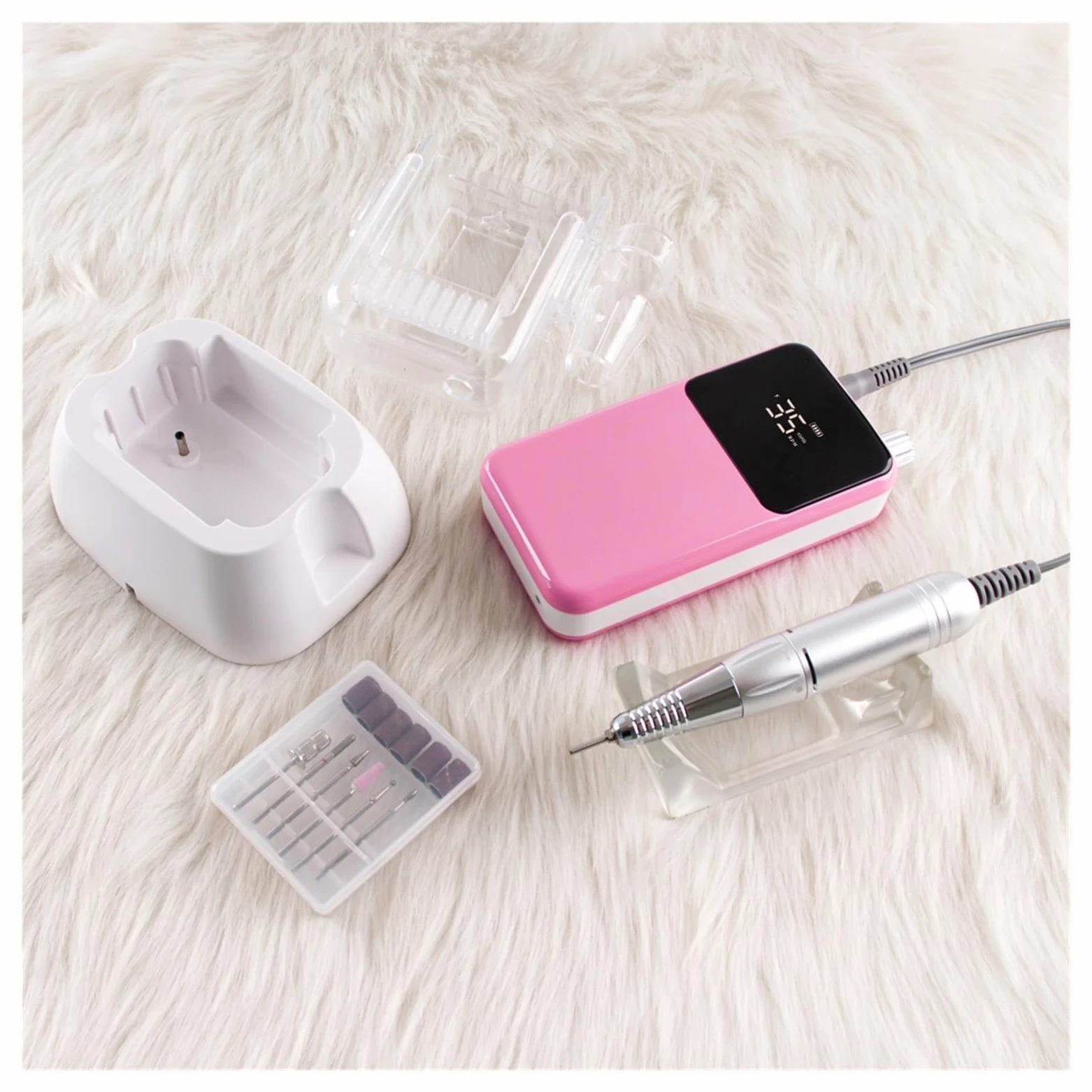 Torno de Uñas Eléctrico, Taladro profesional for uñas, Base de escritorio recargable, 35000RPM, máquina eléctrica for manicura, lima de uñas, pedicura, perforación inalámbrica(Pink)