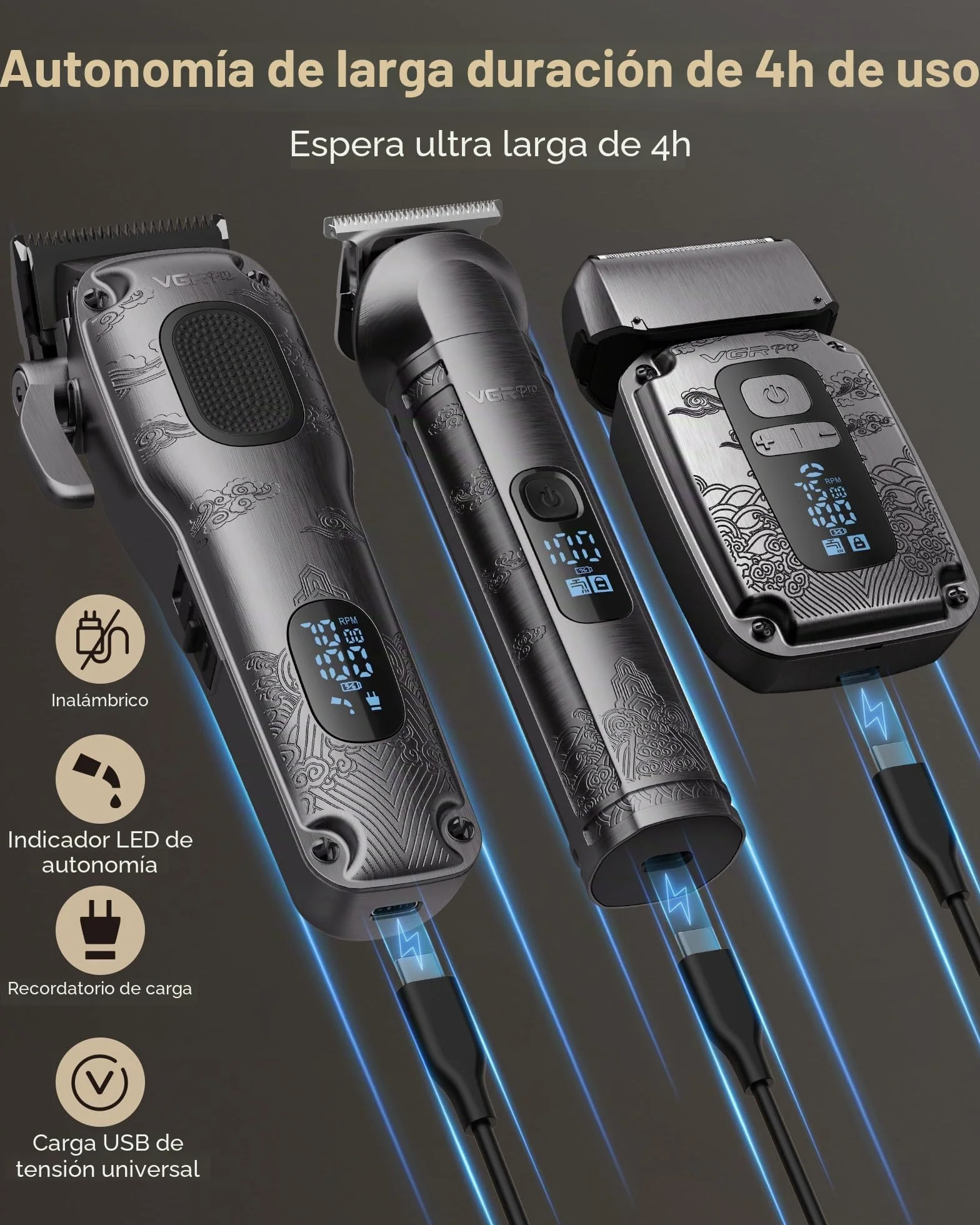 VGRPRO Maquina de Cortar Pelo Hombre Trimmer Afeitadora Electrica para Barba Sin Cable 4 Velocidades Pantalla LED Bateria Gris