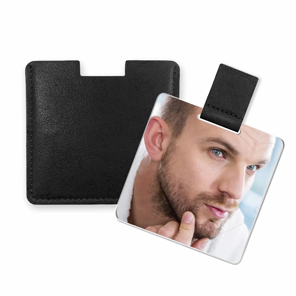 Espejo Pequeño Ultrafino de Acero Inoxidable Irrompible con Funda de Cuero PU, Espejo de Maquillaje Portátil (Negro)