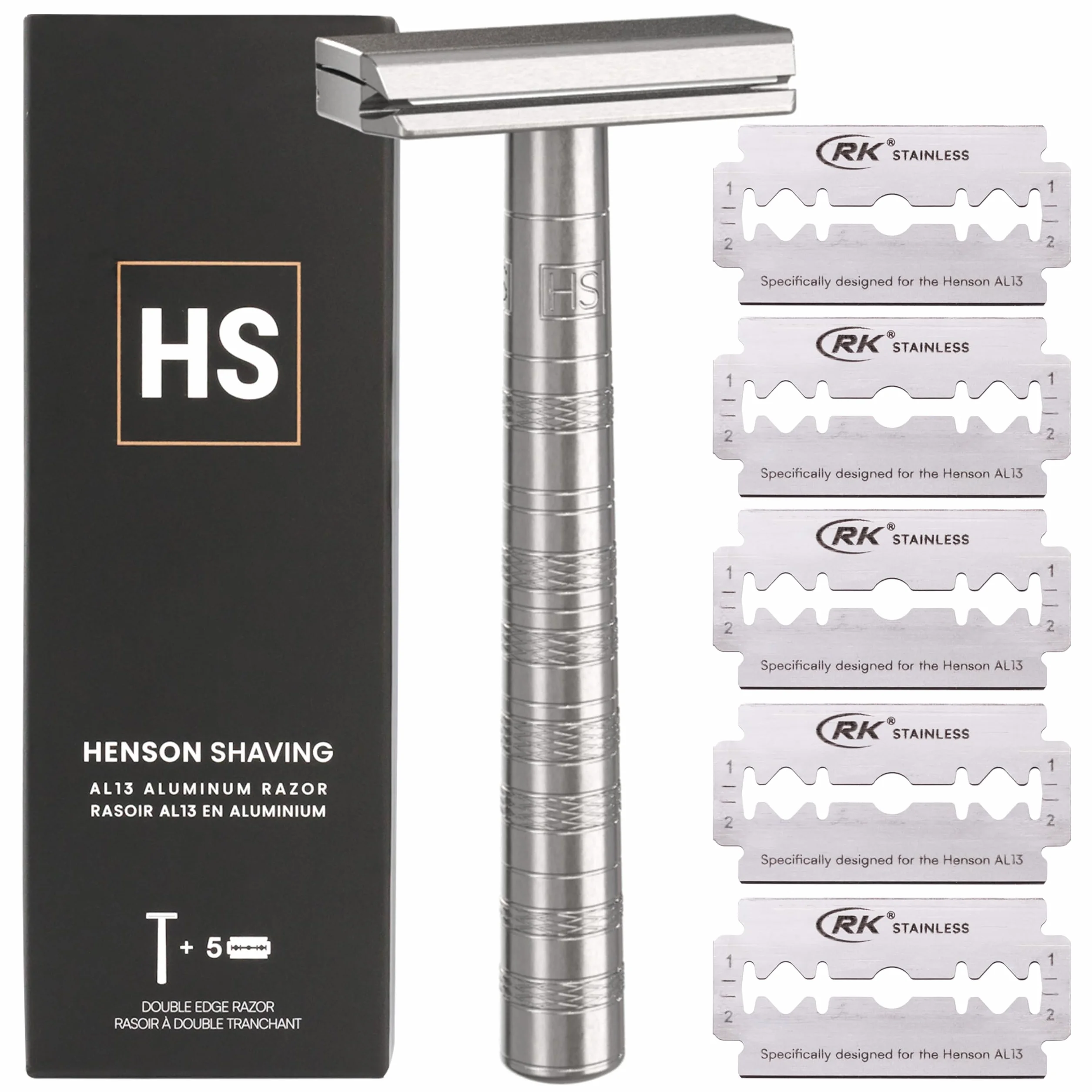 Henson Shaving Maquinilla de Seguridad Doble Filo + 5 Cuchillas | Afeitado apurado y reutilizable para hombre. Bisel de precisión 30°, cuerpo aeronáutico anodizado, 5 recambios.