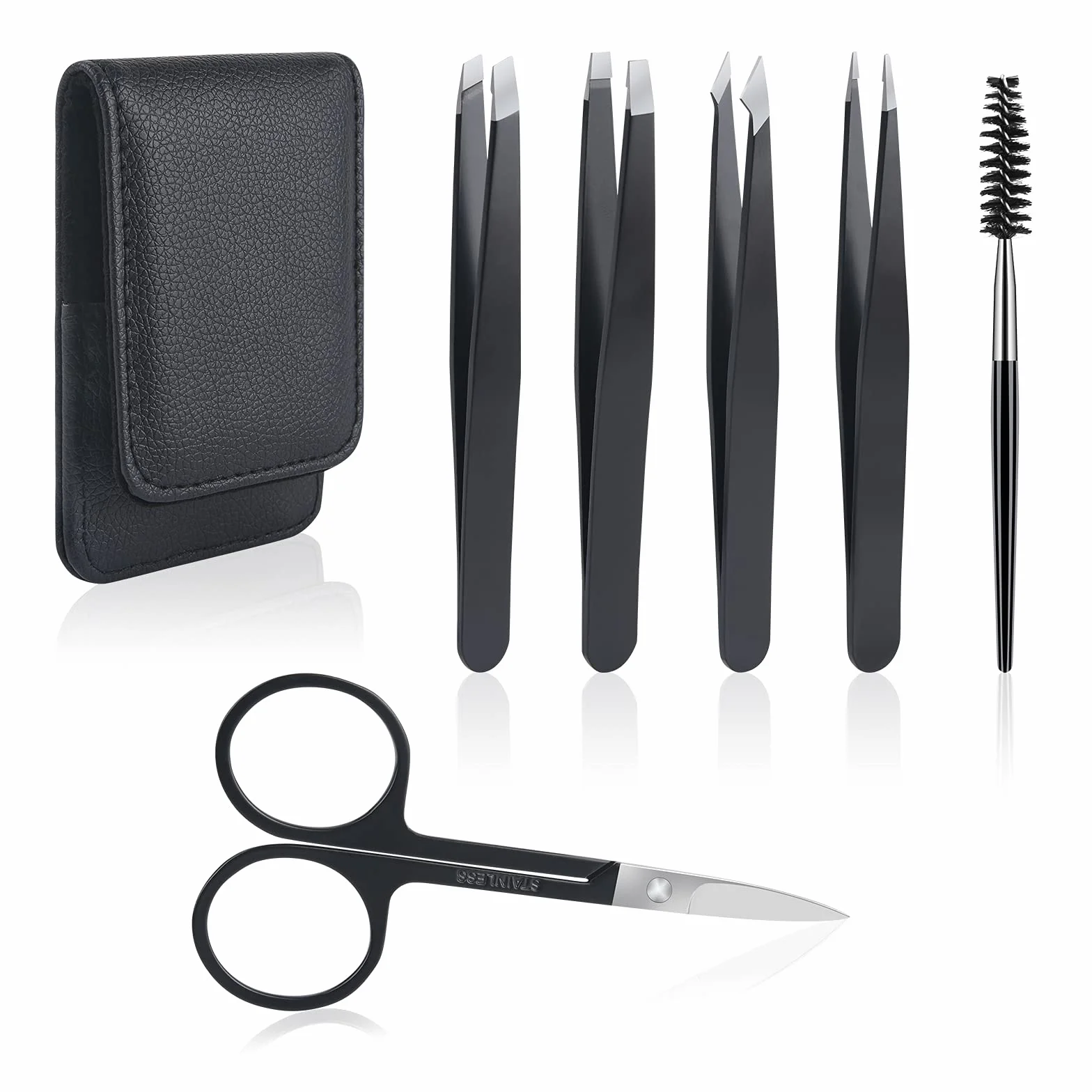 Juego de 6 pinzas profesionales de acero inoxidable para cejas con estuche
