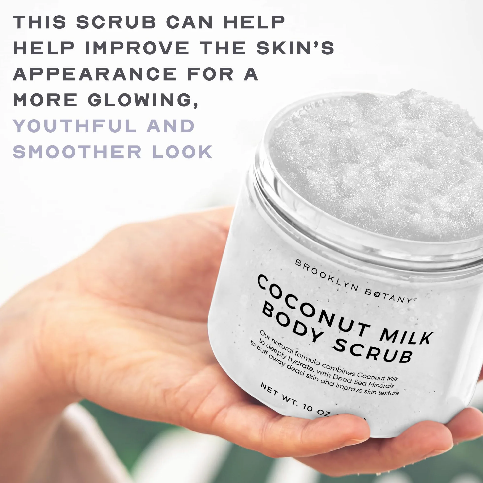 Exfoliante corporal de leche de coco de 10 oz, fabricado con sal marina muerta y aceites esenciales, anticelulitis, marcas elásticas y venas varicosas. Brooklyn Botany