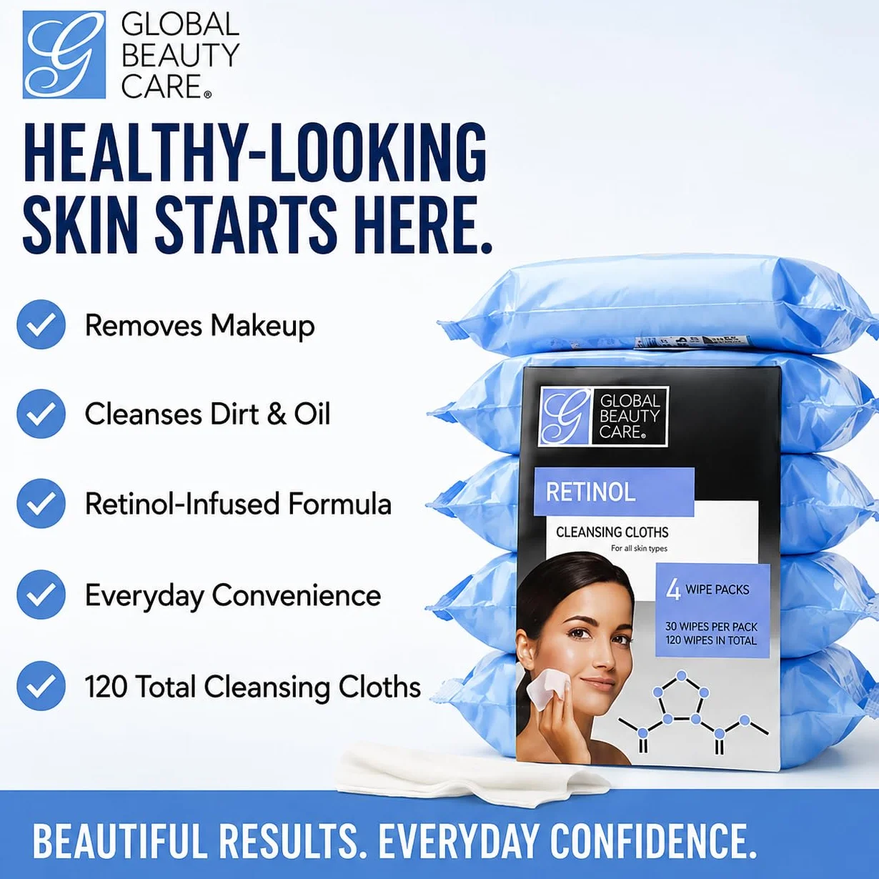 Global Beauty Care- Toallitas limpiadoras de tela, paquete de 4, 120 unidades (retinol)