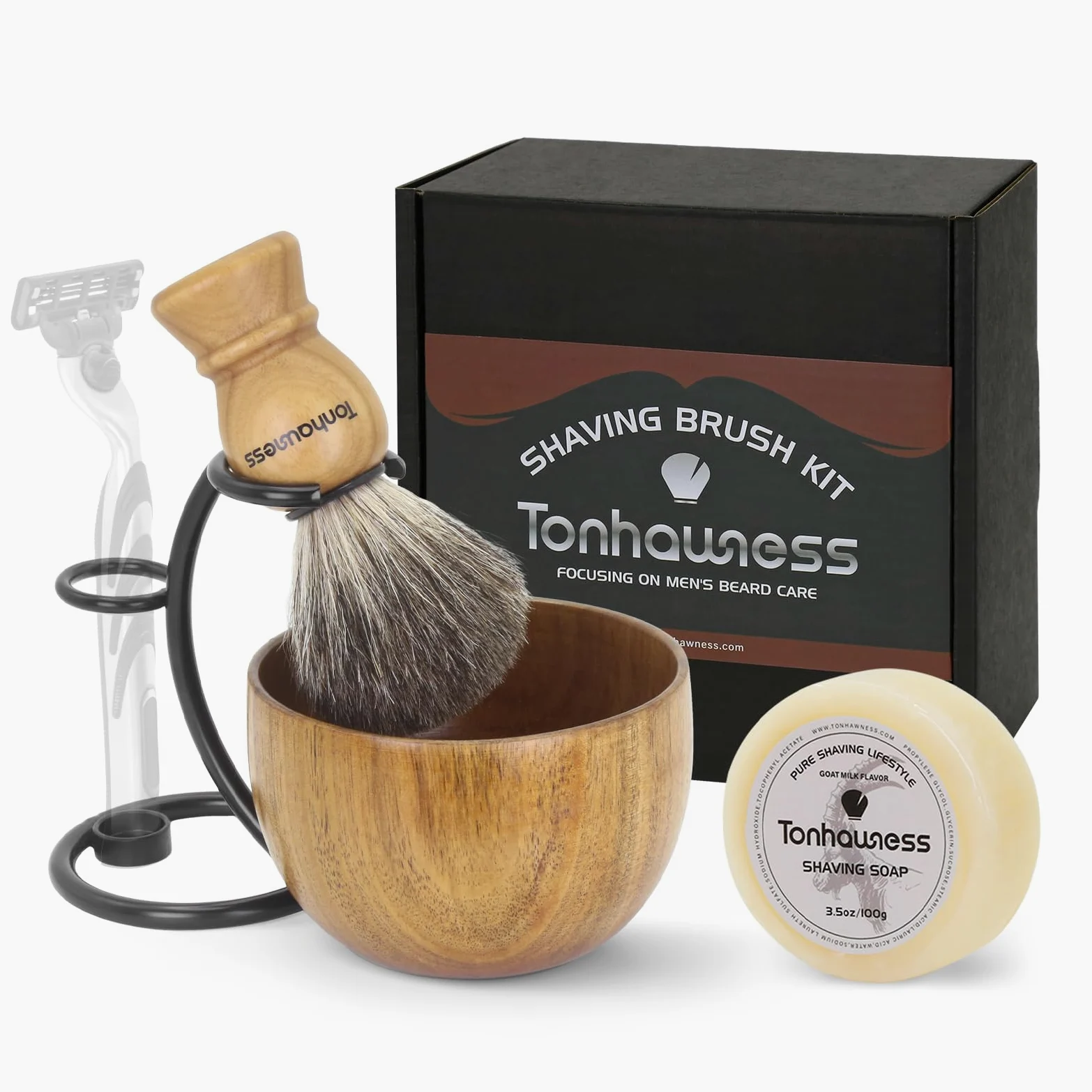 Kit de brochas de afeitar para hombres, juego de brochas de afeitar 4 en 1, incluye cepillo de afeitar de pelo de tejón, cuenco de madera, soporte de afeitar de acero inoxidable y jabón de afeitar de