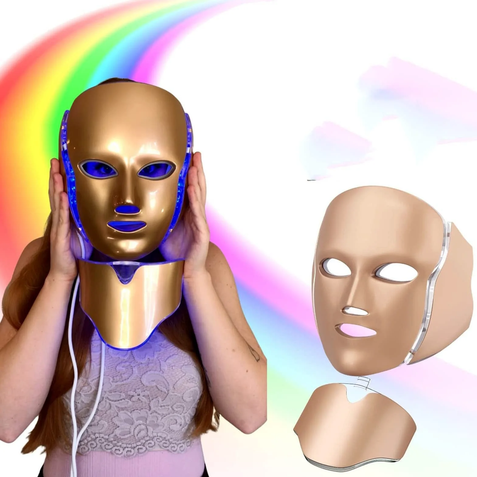 Máscara Facial LED de 7 Colores, LED Photon Máscara de Terapia de Luz Profesional con Cuello, Rejuvenecimiento de La Piel Tratamiento Facial Antiarrugas