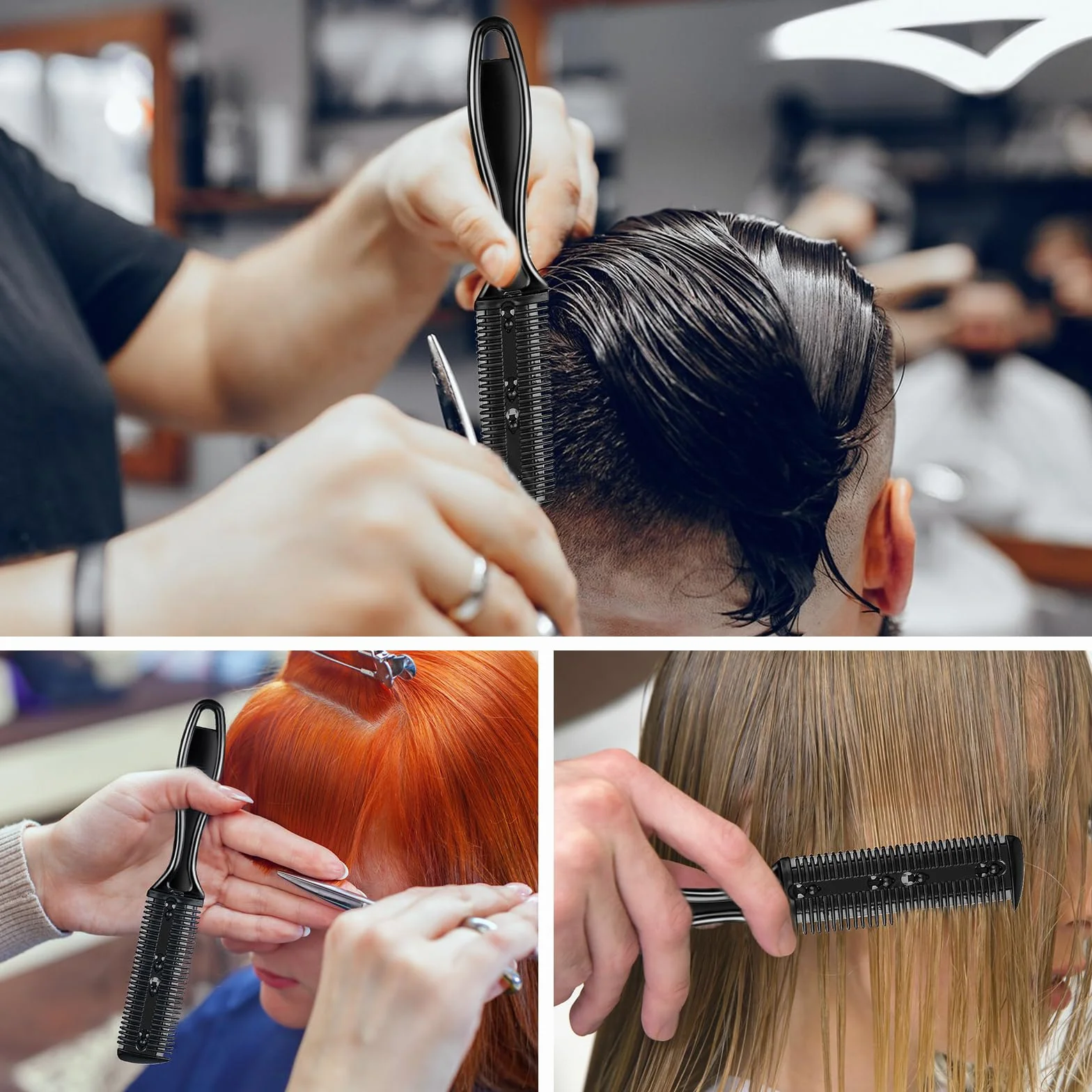 Peine de Afeitar y Corte Profesional 4 Piezas Cortador de Pelo Doble Cara Recortador Plástico con Navaja Kit Peine Adelgazar Cabello 12 Cuchilla Acero Inoxidable