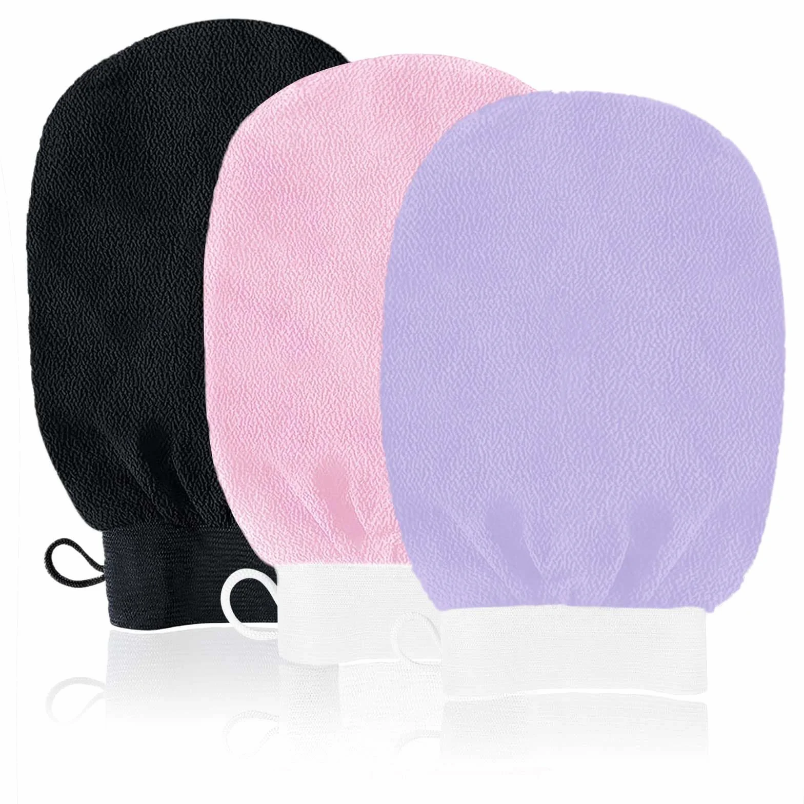 Guante Exfoliante Corporal, 3pcs Manoplas Exfoliantes, Guante Crin Ducha Unisex, Accesorios de Baño Negro Rosa Morado