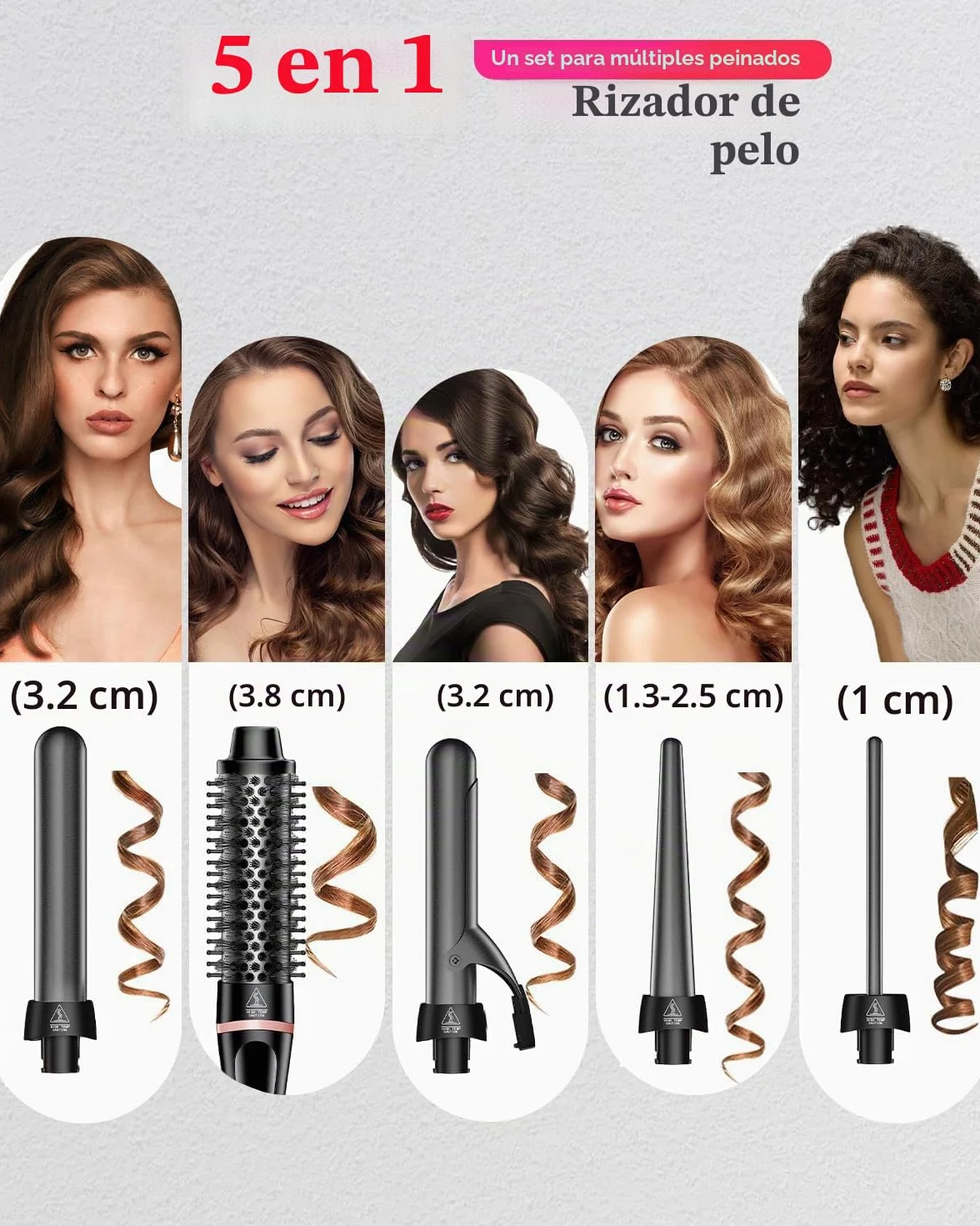Rizador 5 en 1, Cepillo Térmico de Calentamiento Rápido con 4 Barriles Intercambiables de Cerámica (0.35"-1.25"), Herramientas de Viaje de Voltaje Dual Kit de Varilla Rizadora para Rizos y Moldeado