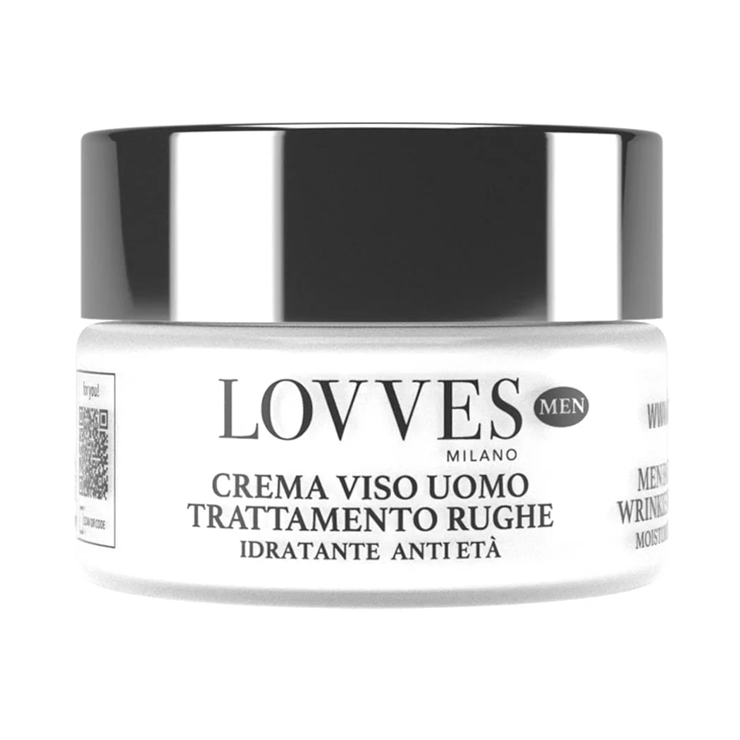 LOVVES Crema Facial Antiarrugas Hombre, Alta Cosmética Natural, Hidratante, Acción Antioxidante, Energiza la Piel y Aumenta su Firmeza, Formato Tarro de Cristal 50 ml