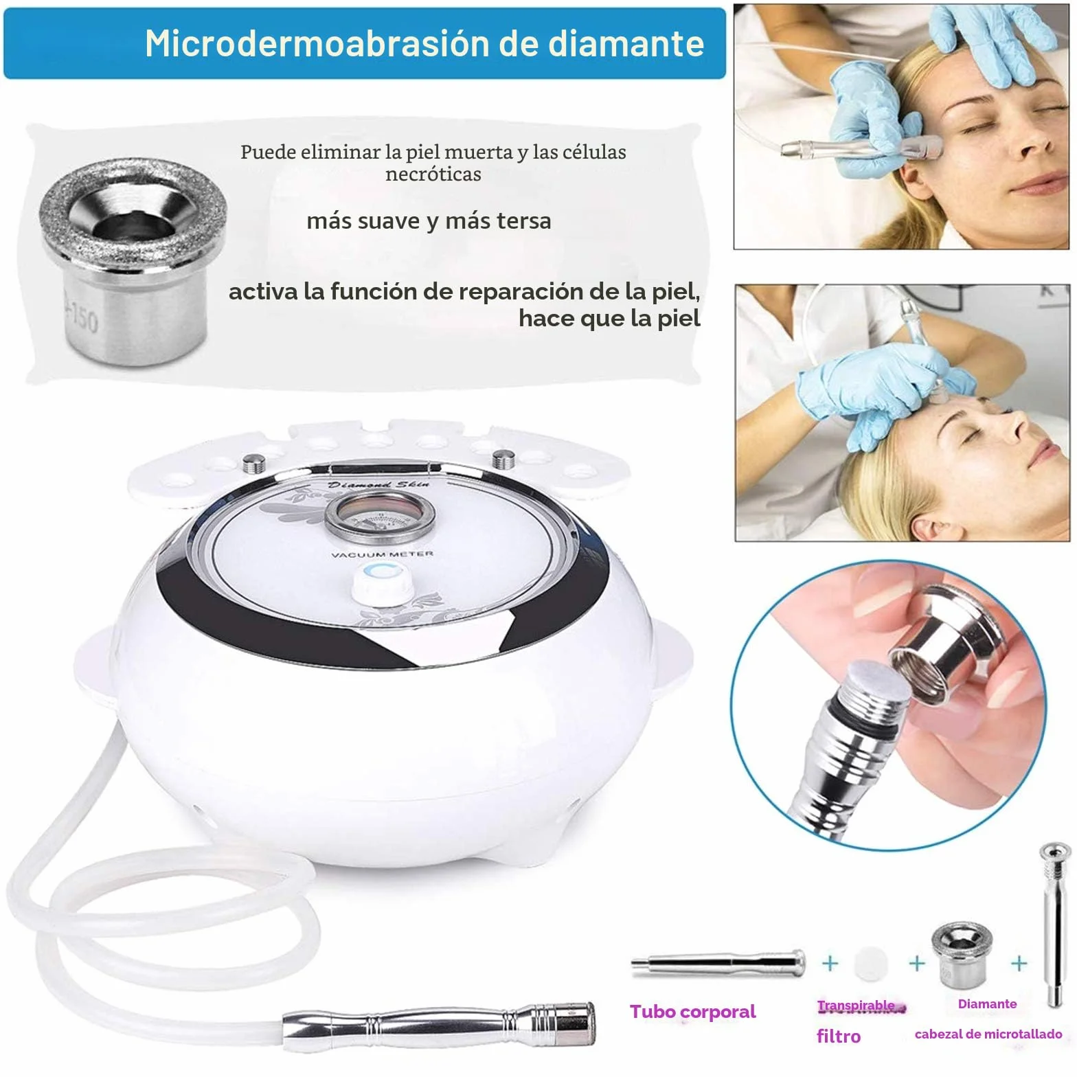 TwoWin 3 en 1 Microdermoabrasión Diamante Equipo Salón Belleza Facial 65-68 cmHg