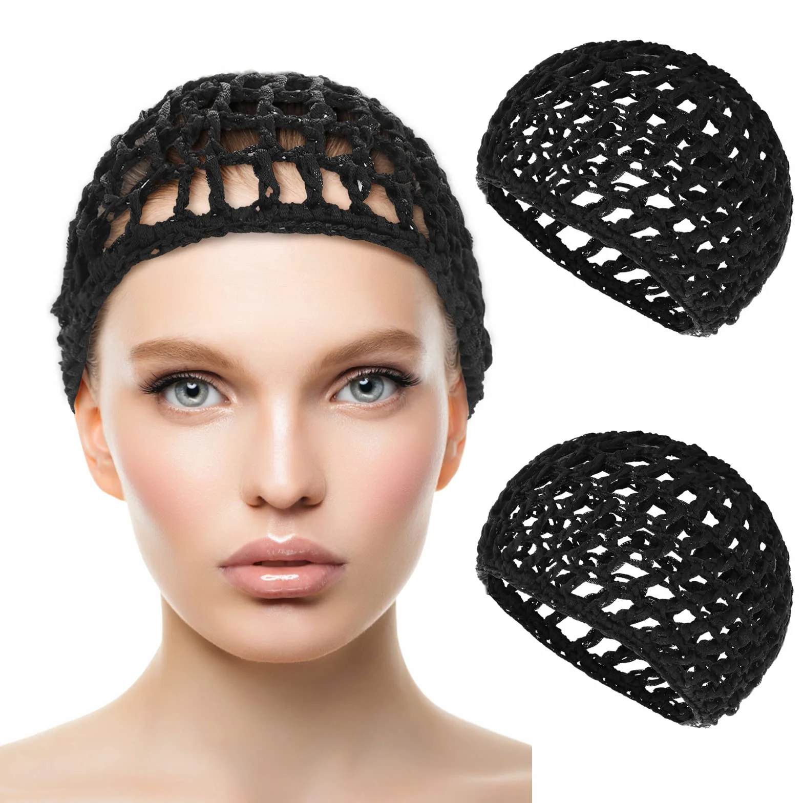 Redecillas para el cabello para dormir, gorros largos rectos rizados, protector de cabeza malla negra, moño correa levantamiento, para mujer