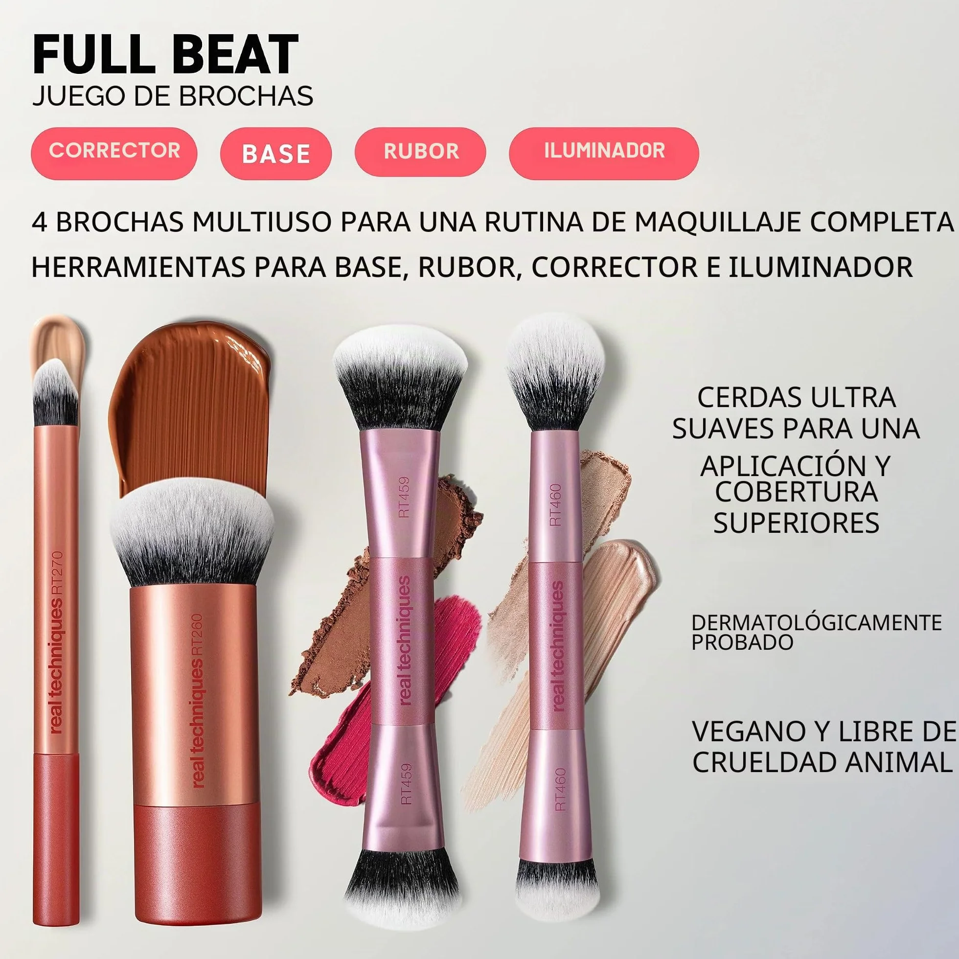 Real Techniques Full Beat Makeup Brush Set, 4 Piece Brush Kit for Foundation, Concealer, Blush, Contour & Highlight, Soft UltraPlush Bristles