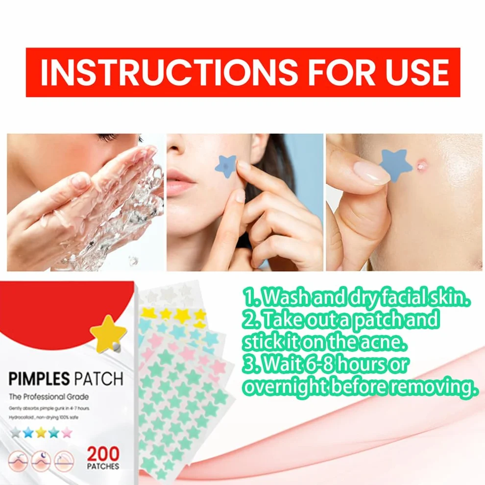 Star Pimple Patches, Hydrocolloid Spot Patches with Tea Tree Oil, 2 Sizes, 5 Colors, 200 Dots, Face Body Blemish Cover (1 Box)