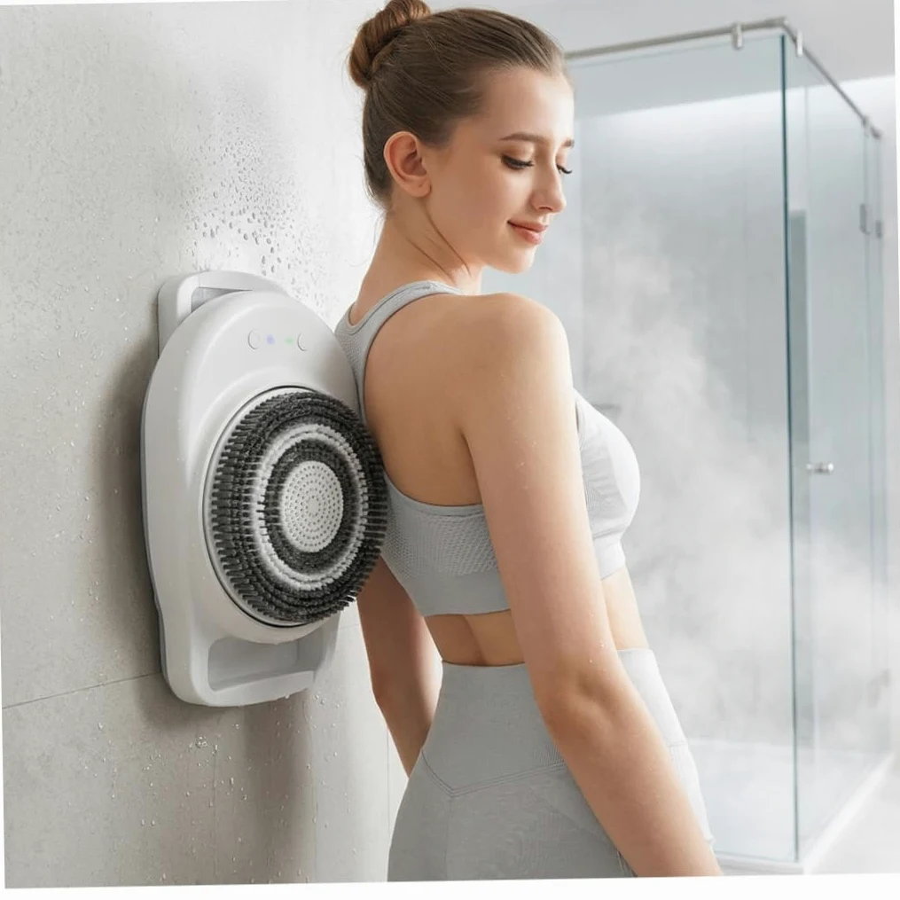 Fregadora de espalda eléctrica para pared de ducha, cepillo de ducha automático manos libres, 3 velocidades, cabezal de 18cm