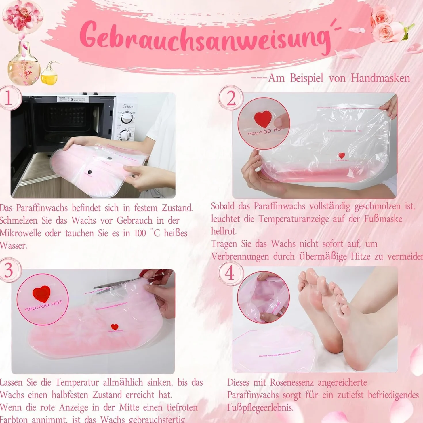 Guantes de Tratamiento de Cera de Parafina para Manos y Pies, 4 Pares Guantes de Cera Rosados, Máscara de Cera Curativa Suavizante para Piel Seca y Agrietada | Cuidado Intensivo de Manicura y Pedicura