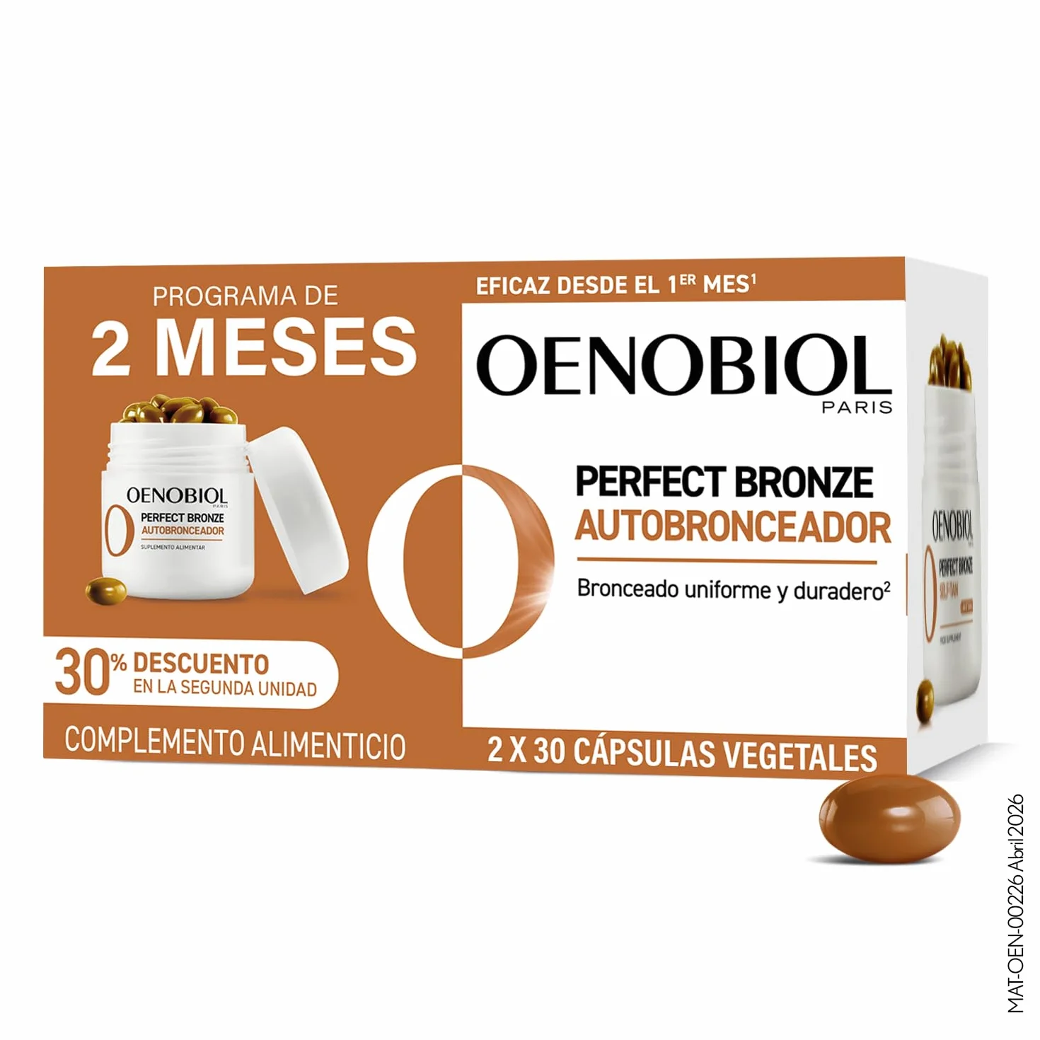 OENOBIOL PERFECT BRONZE DUO Autobronceador Acelerador Bronceado Corporal Facial Protección Solar Astaxantina Cúrcuma Licopeno Luteina Complemento alimenticio 60 cápsulas
