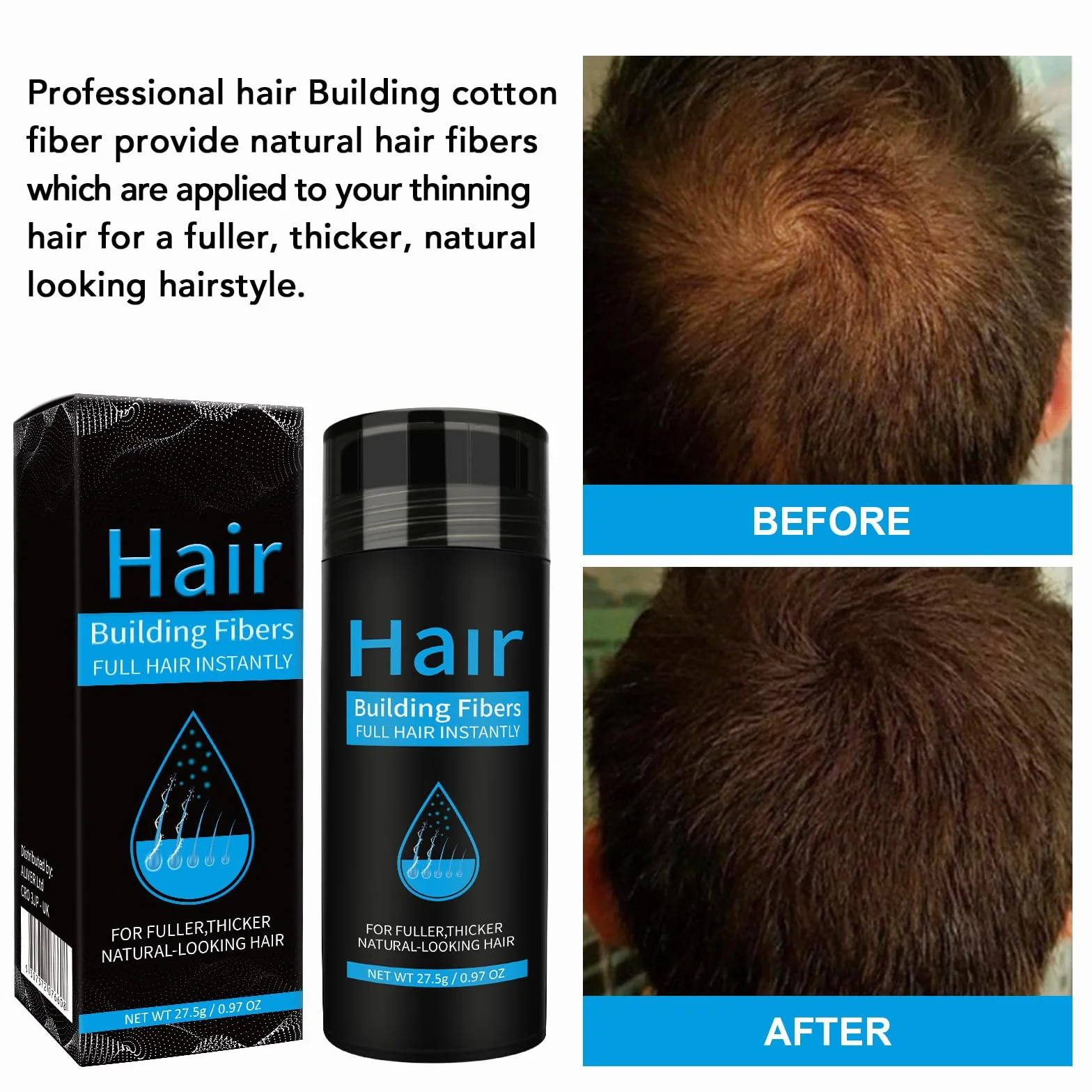 Fibras Capilares Negro 27.5G Fibra Cabello Pérdida Cabello Hombre Mujer