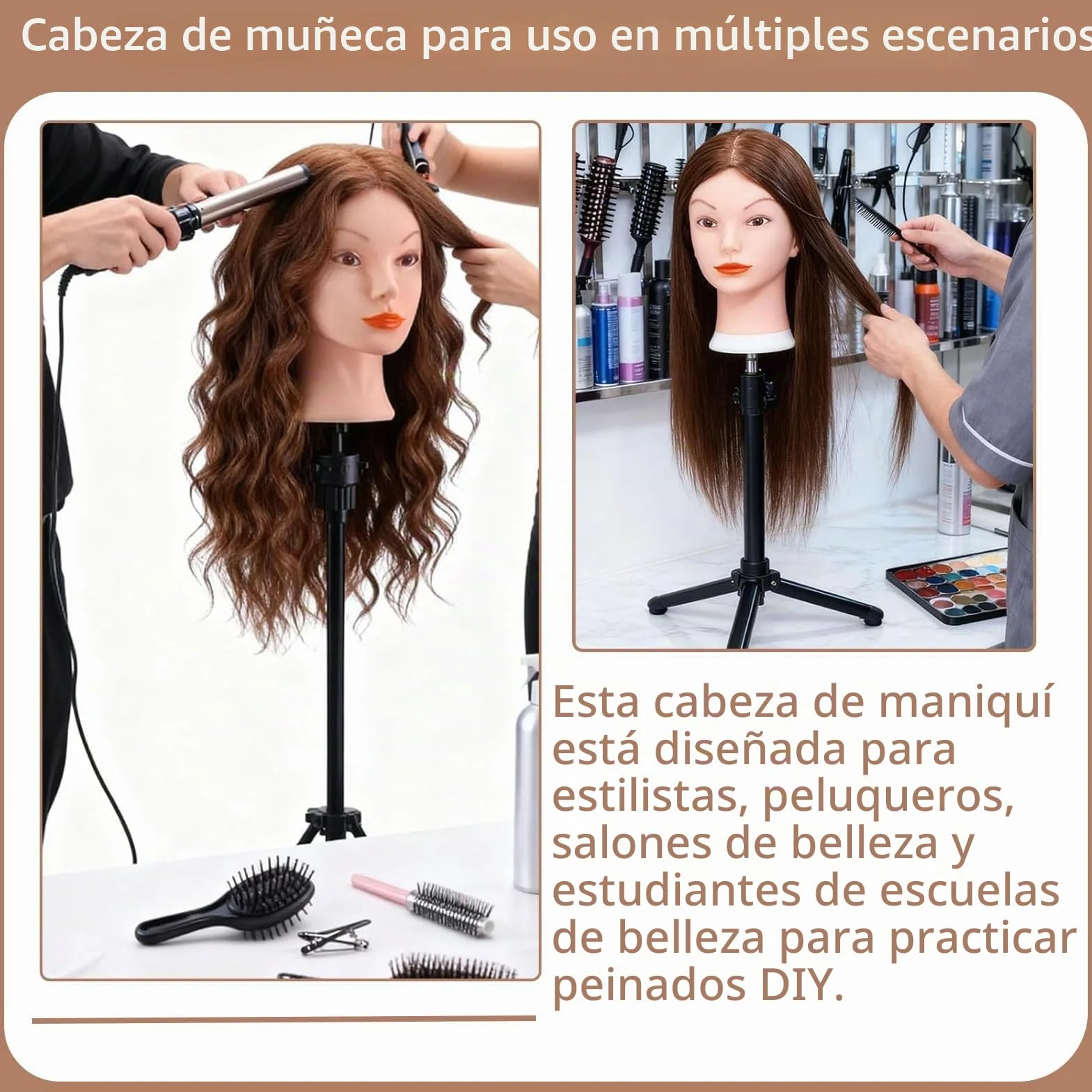 TopDirect 18" Cabeza de Maniquí Cabello Humano Real para Practicas Peluquería con Soporte de Mesa