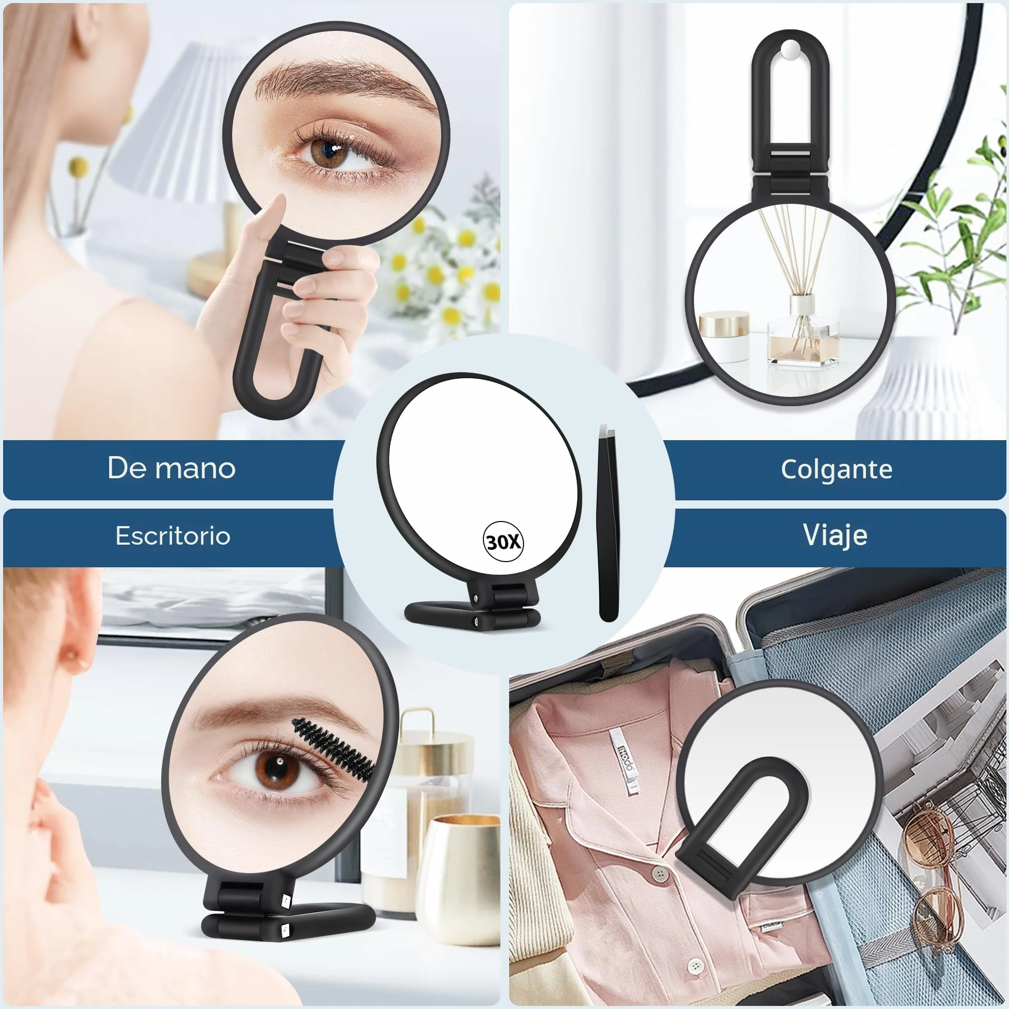 MIYADIVA Espejo de Aumento 30X, Espejo de Mano Doble Cara 30X/1X, Espejo de Maquillaje Plegable Portátil