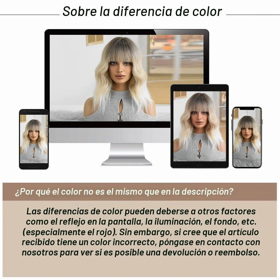 Pelucas Rubias Ombre para Mujer Peluca Corta Ondulada con Flequillo de Pelo Sintético Resistente al Calor