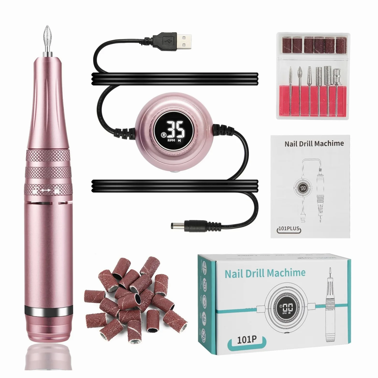 Máquina de manicura 35000 RPM, taladro uñas eléctrico, torno portátil, juego cortador , pulidor en gel, equipo salón ,Baja vibración(101P Pink)