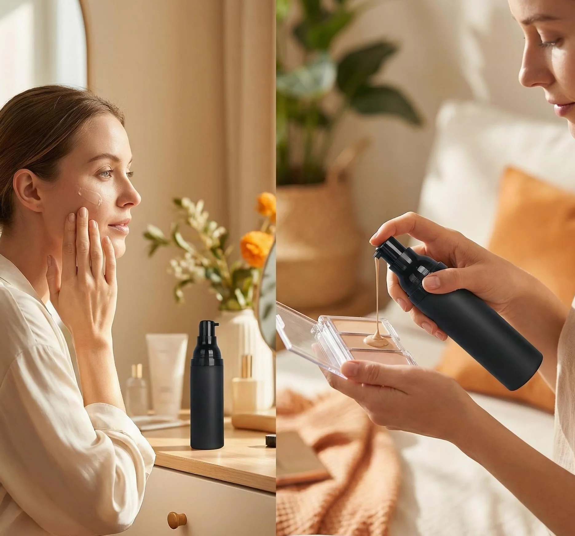 Upstore 3 botellas de plástico negro sin aire 50 ml, dispensadores de bomba loción al vacío, contenedores cosméticos recargables para base, crema, aceite esencial, suero